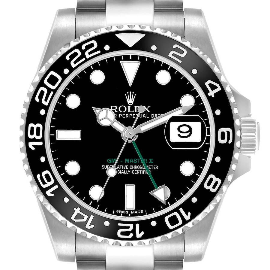 The Rolex GMT-Master 116710LN Men's Stainless Steel Black Dial watch is shown from the front, displaying the dial, bezel, hands, and part of the bracelet.