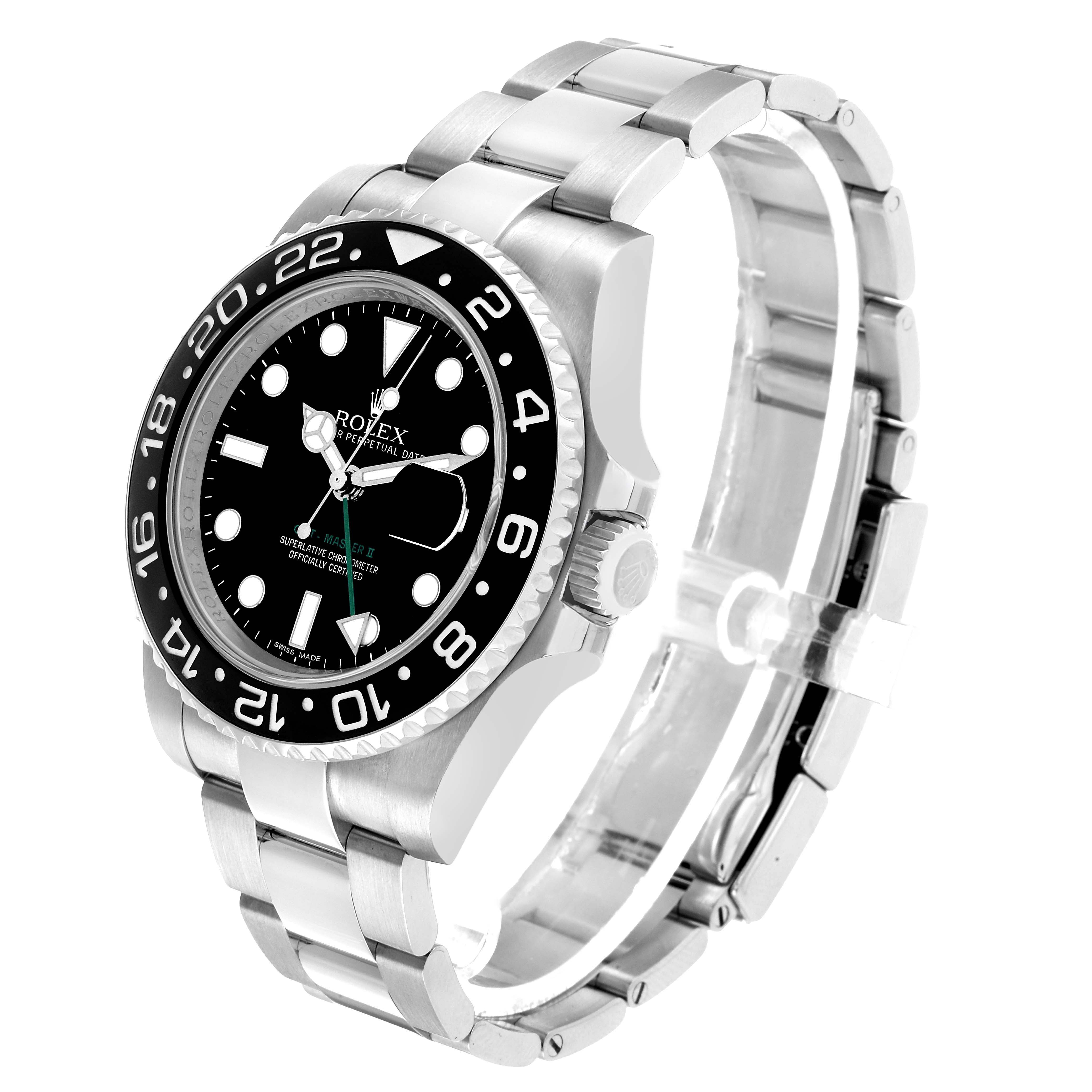 The Rolex GMT-Master 116710LN Men's Stainless Steel Black Dial watch is shown at a three-quarter angle, displaying the face, bezel, case, crown, and bracelet.