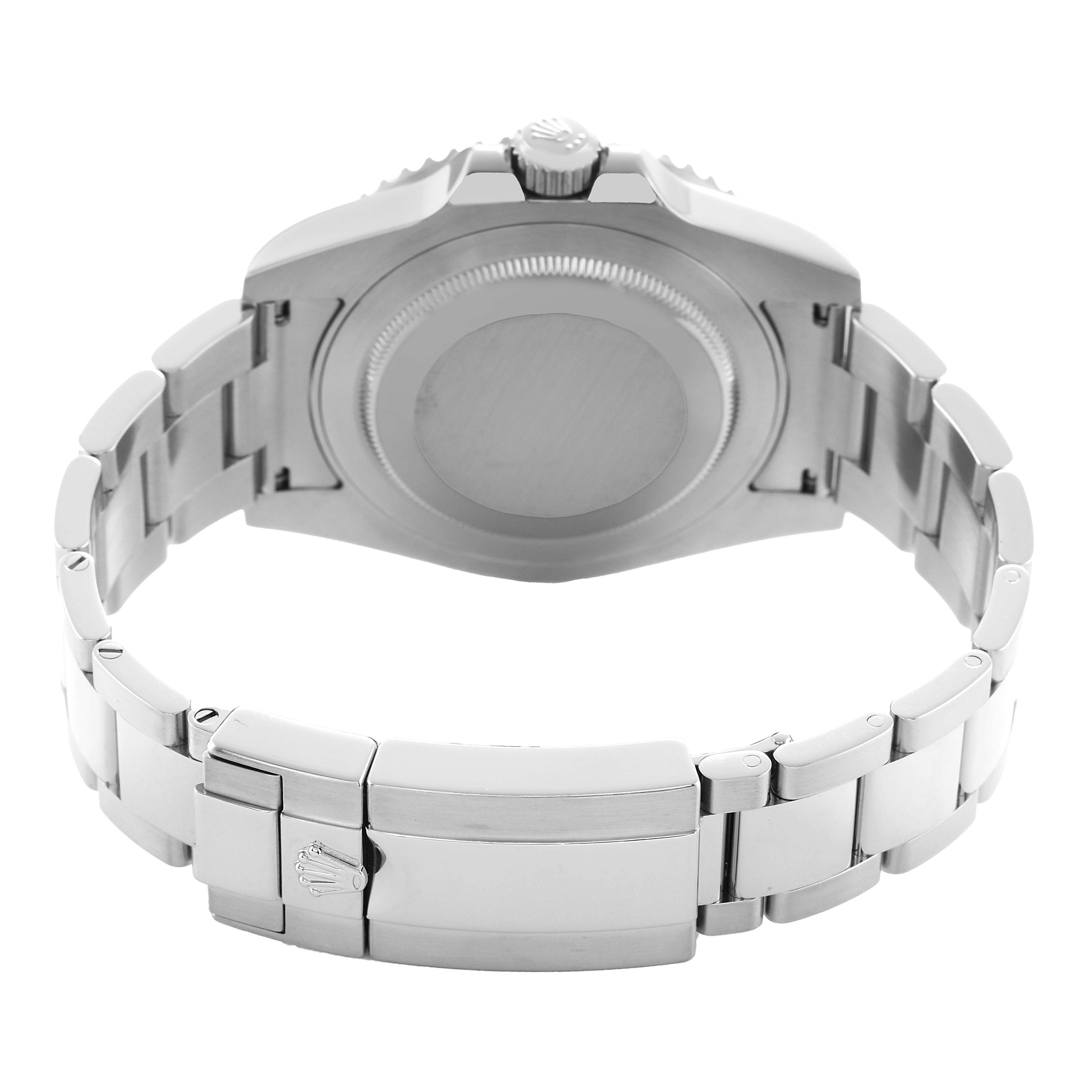 The Rolex GMT-Master 116710LN Men's Stainless Steel Black Dial watch is shown from the back, highlighting the case back and stainless steel bracelet with clasp.