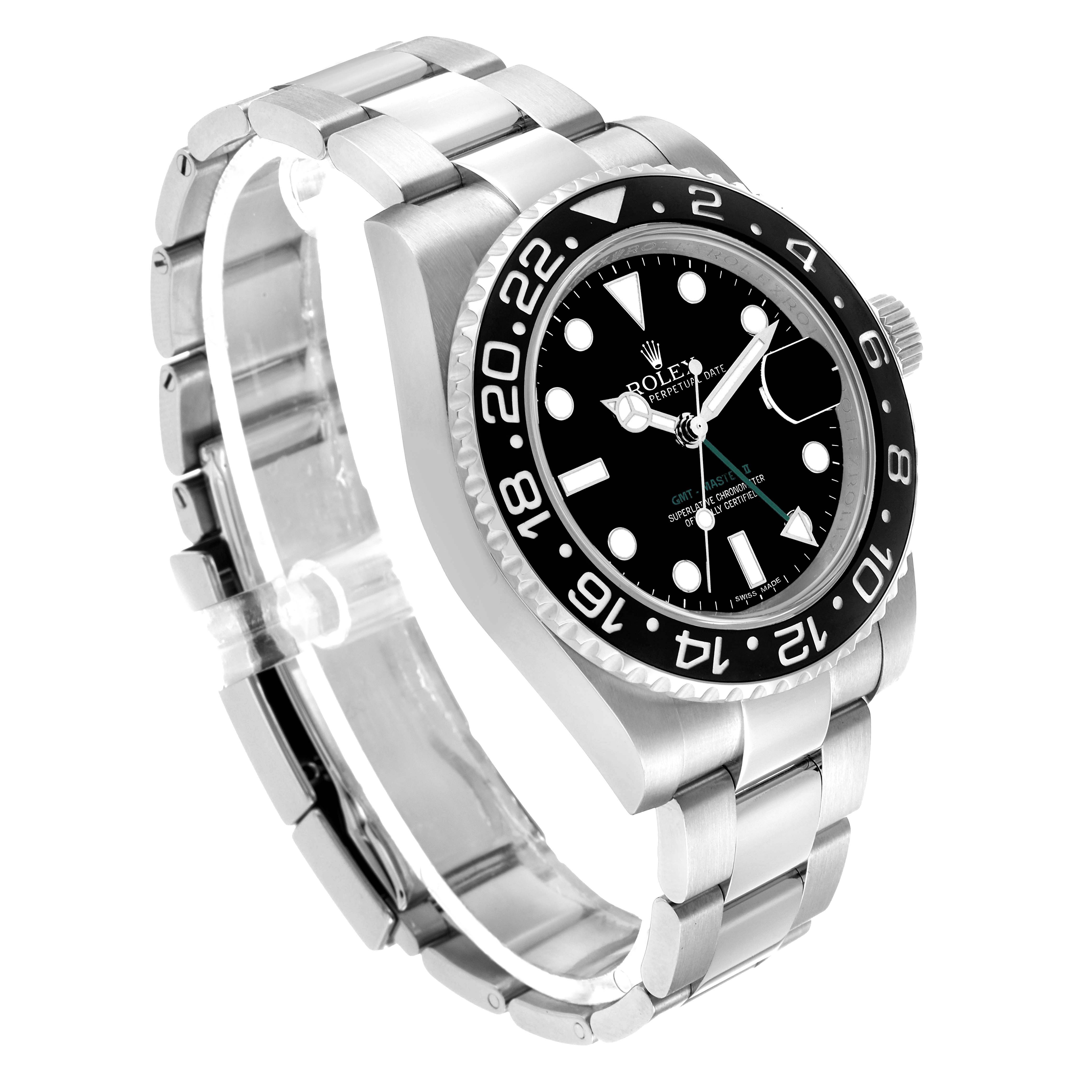 The Rolex GMT-Master 116710LN Men's Stainless Steel Black Dial watch is angled to show the face, bezel, crown, and part of the bracelet in a three-quarter view.