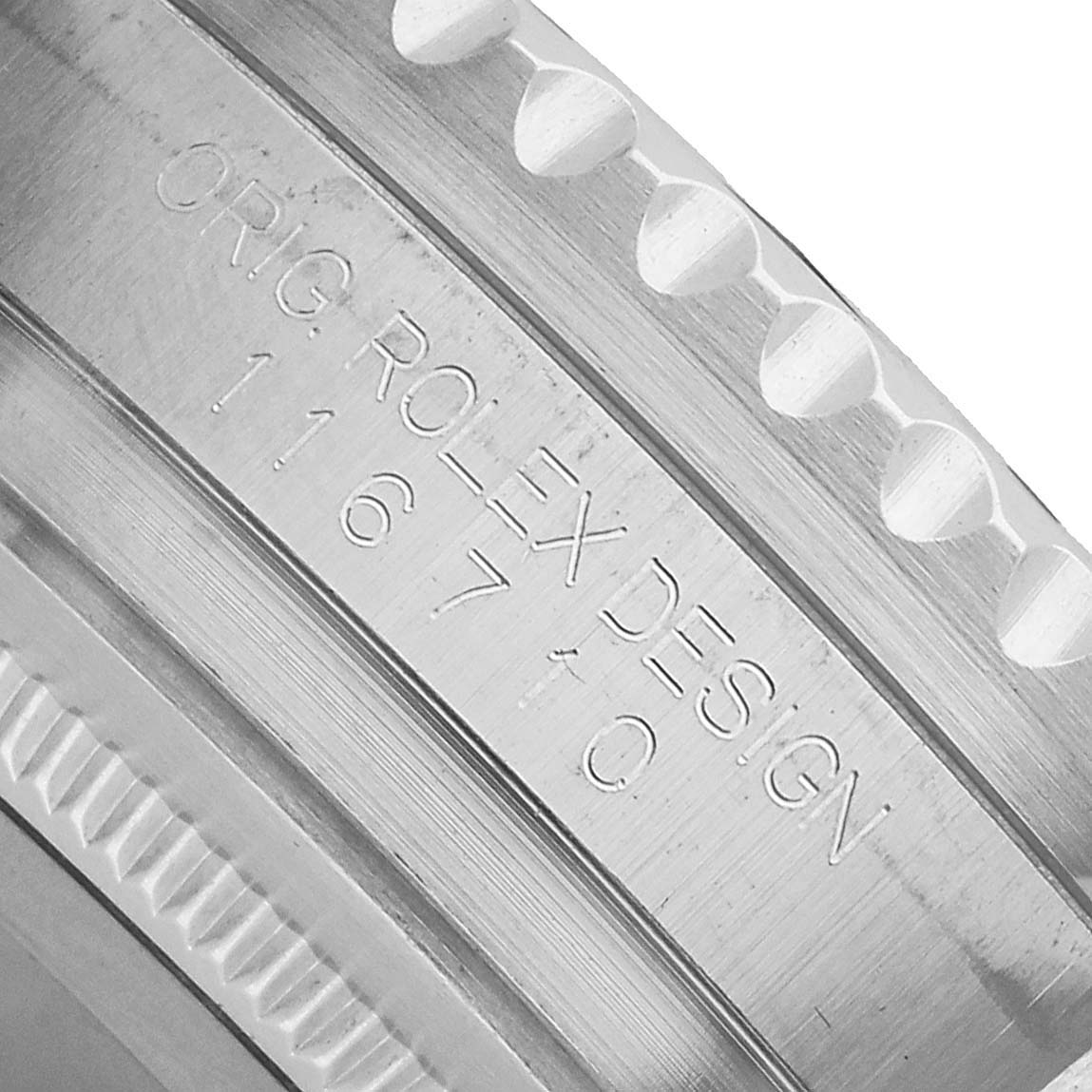 The image shows a close-up of the bezel and inner case markings of the Rolex GMT-Master 116710LN Men's Stainless Steel Black Dial model.