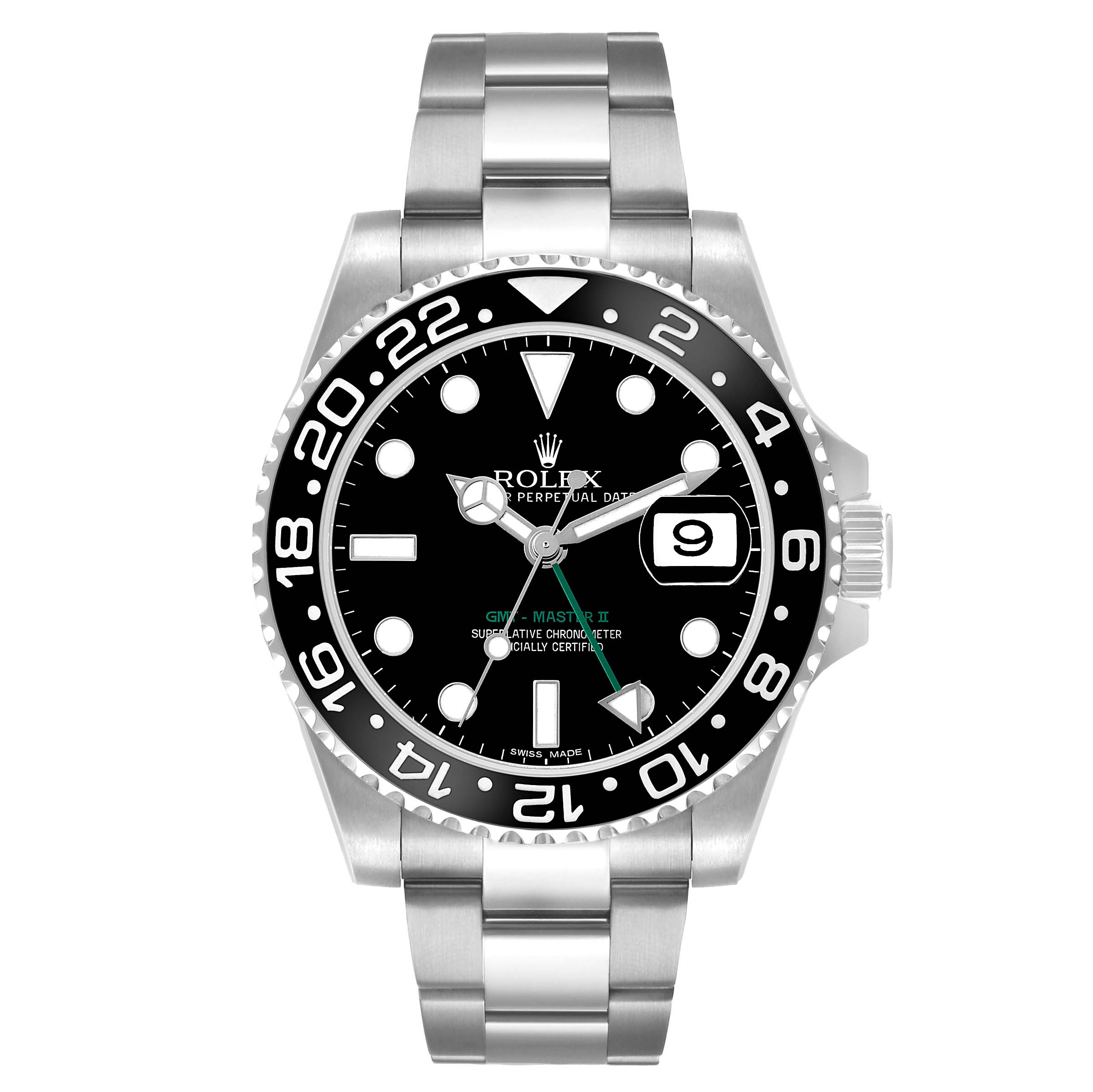 The Rolex GMT-Master 116710LN Men's Stainless Steel Black Dial watch is shown from a front angle, displaying its bezel, dial, hands, and bracelet.