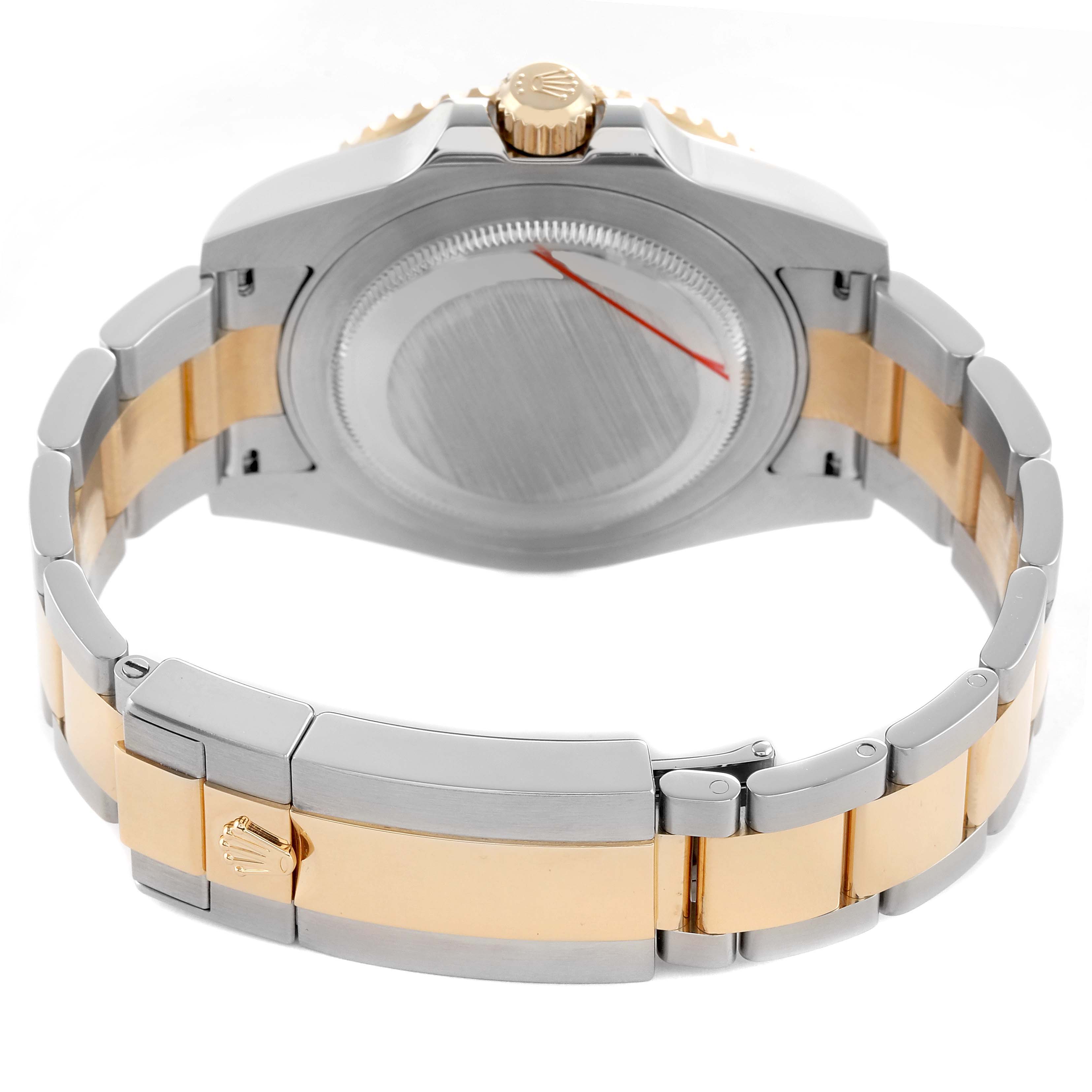 The Rolex GMT-Master 116713 Men's Steel and Gold (two tone) Black Dial watch is shown from the back, displaying the case back, crown, and bracelet clasp.