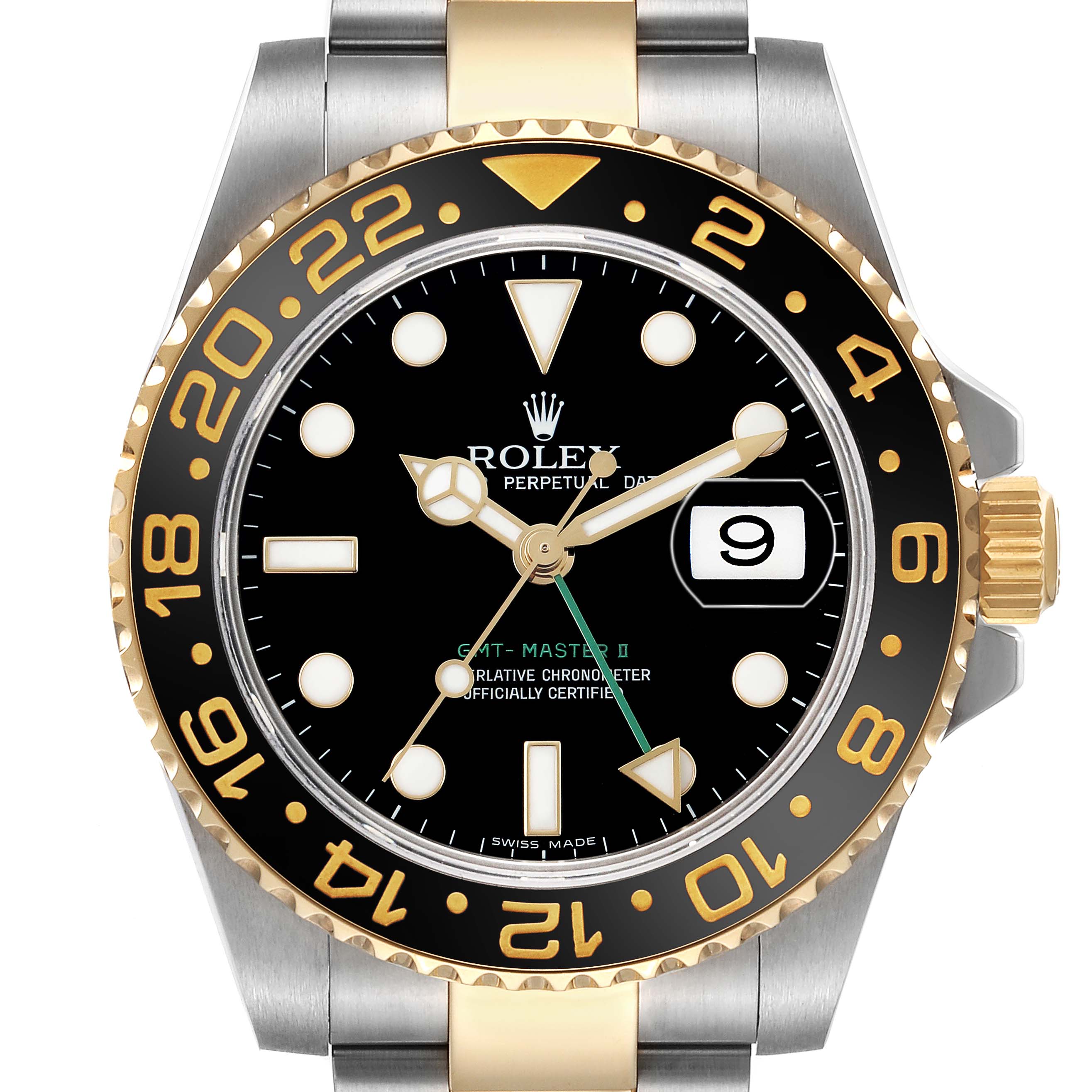The Rolex GMT-Master 116713 Men's Steel and Gold (two tone) Black Dial watch is shown from a front angle, displaying the dial, bezel, crown, and part of the bracelet.