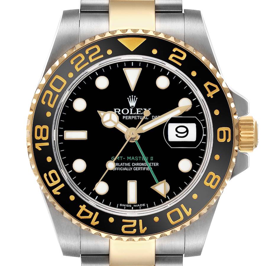 The Rolex GMT-Master 116713 Men's Steel and Gold (two tone) Black Dial watch is shown from a front angle, displaying the dial, bezel, crown, and part of the bracelet.