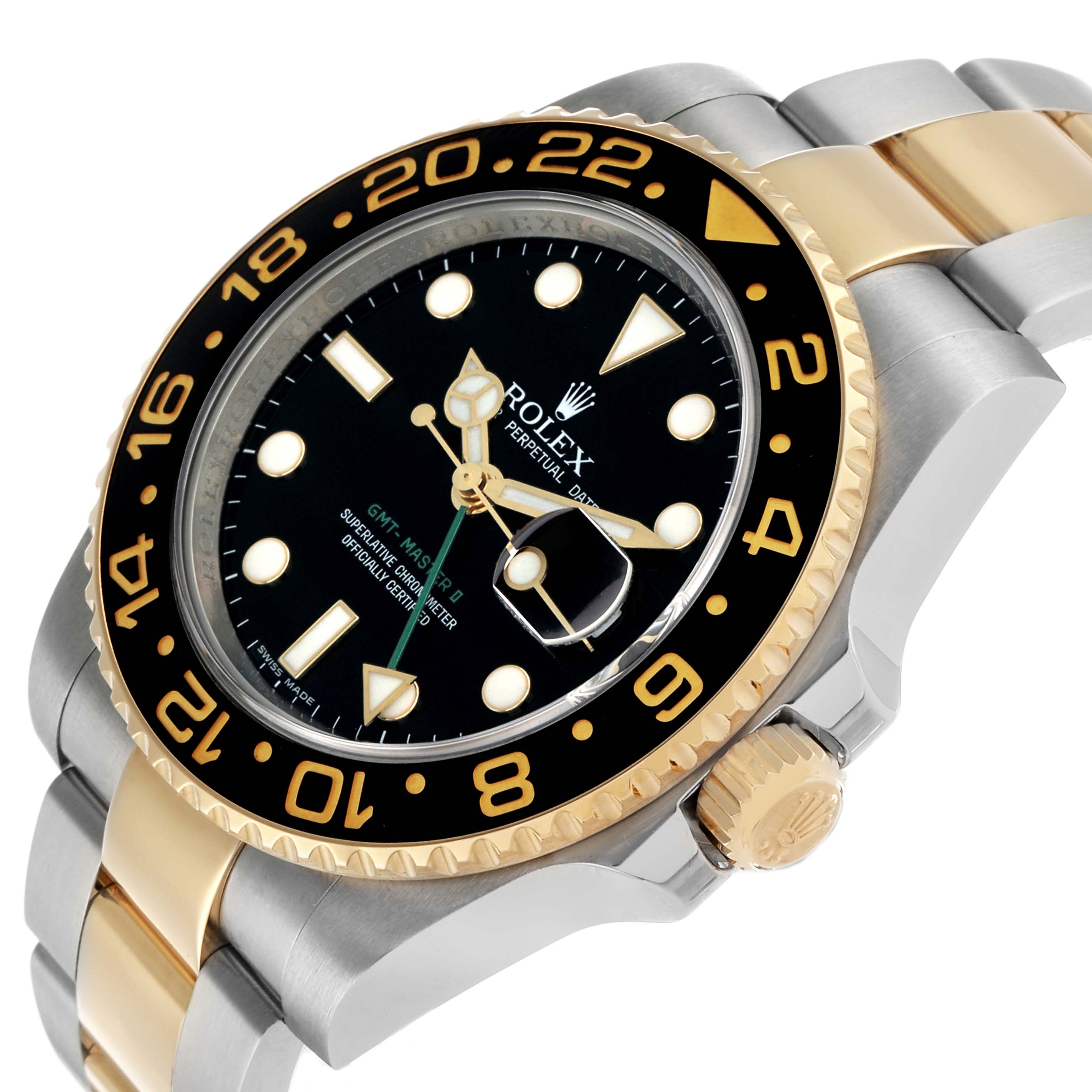 The Rolex GMT-Master 116713 Men's Steel and Gold (two tone) Black Dial watch is shown at an angled side view, highlighting the bezel, dial, crown, and parts of the bracelet.