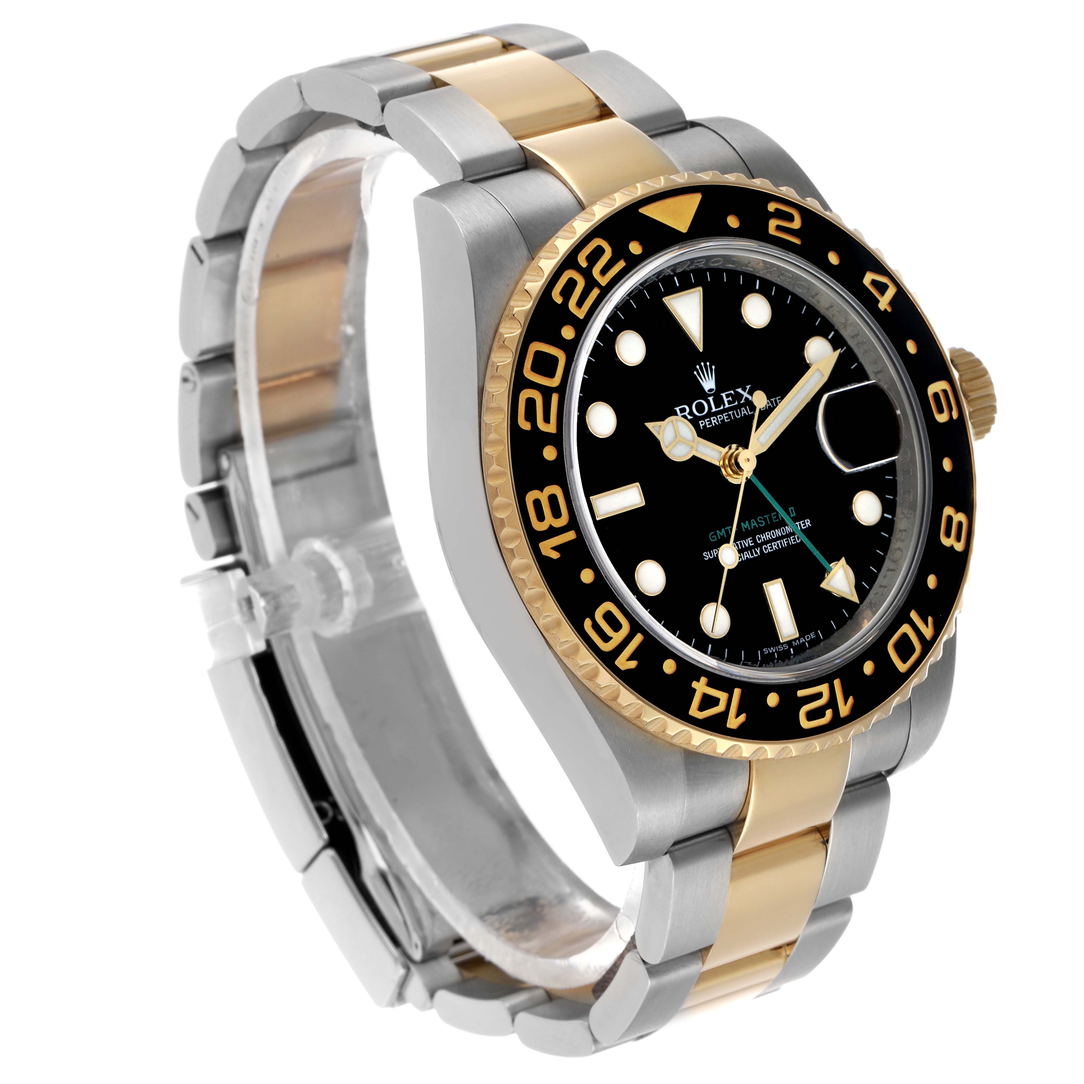 The Rolex GMT-Master 116713 Men's Steel and Gold (two tone) Black Dial watch is shown at a slight angle, displaying the face, bezel, and part of the two-tone bracelet.