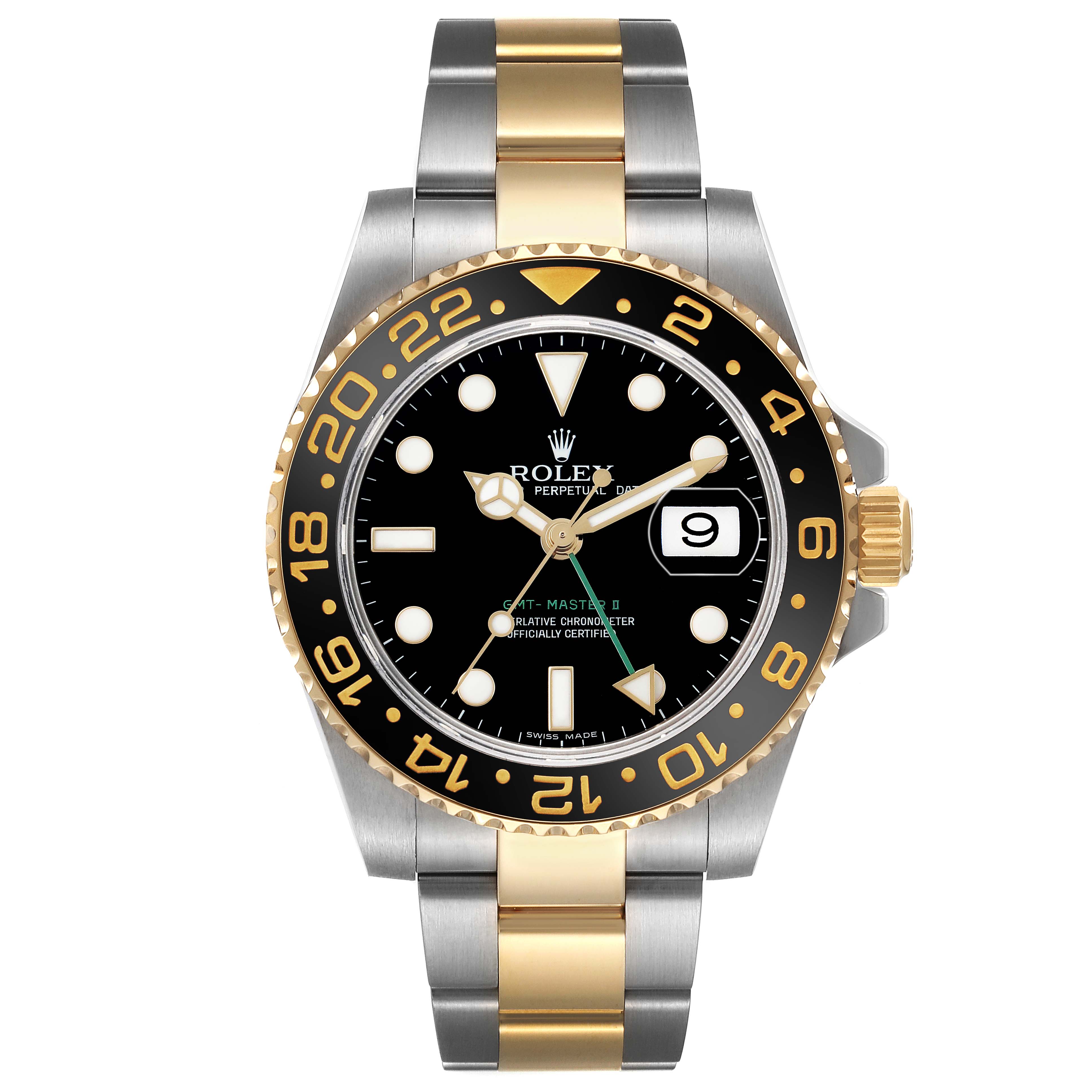 The Rolex GMT-Master 116713 Men's Steel and Gold (two tone) Black Dial watch is shown from a top-down angle, highlighting the bezel, dial, and two-tone bracelet.
