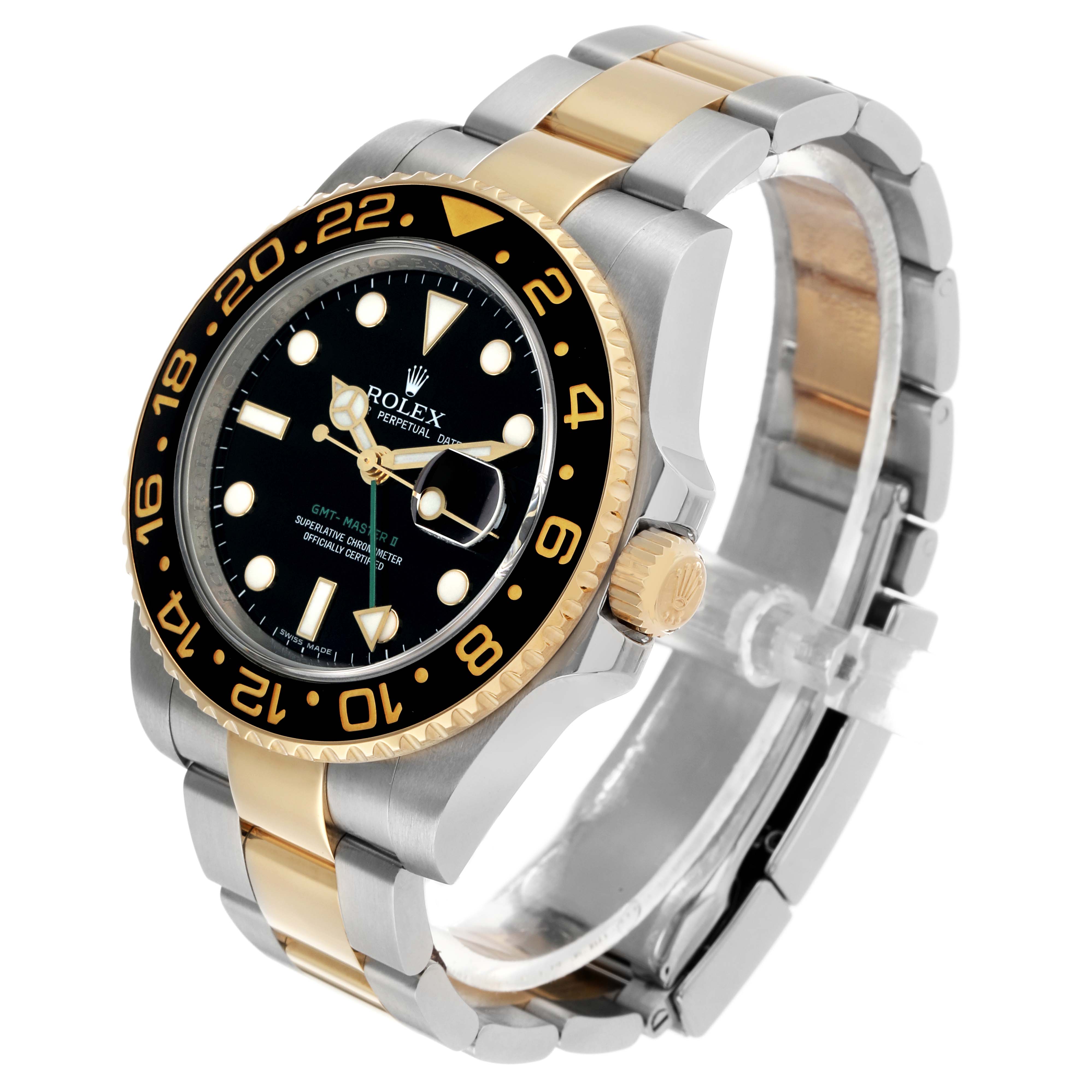 The Rolex GMT-Master 116713 Men's Steel and Gold (two tone) Black Dial watch is shown at a three-quarter angle, highlighting the bezel, dial, and two-tone bracelet.