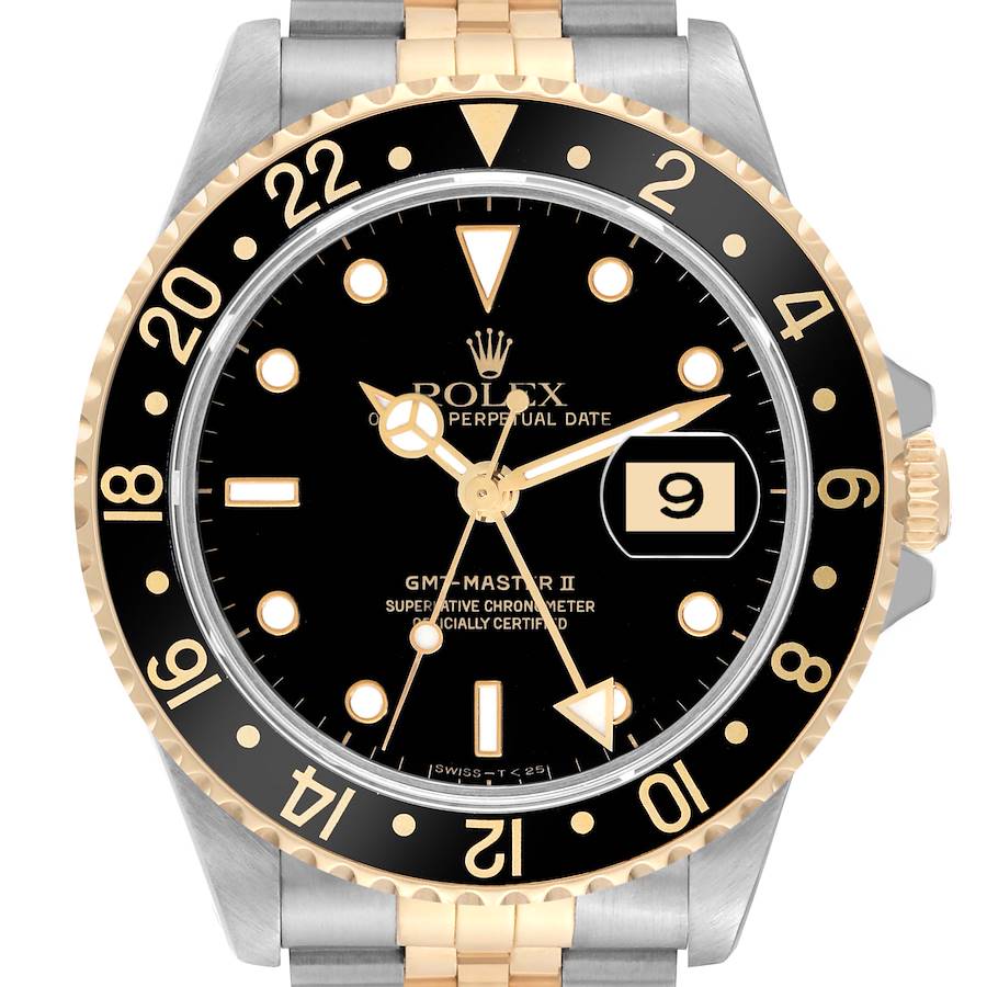 This image shows the front view of a Rolex GMT-Master II watch, highlighting the bezel, dial, and date function.