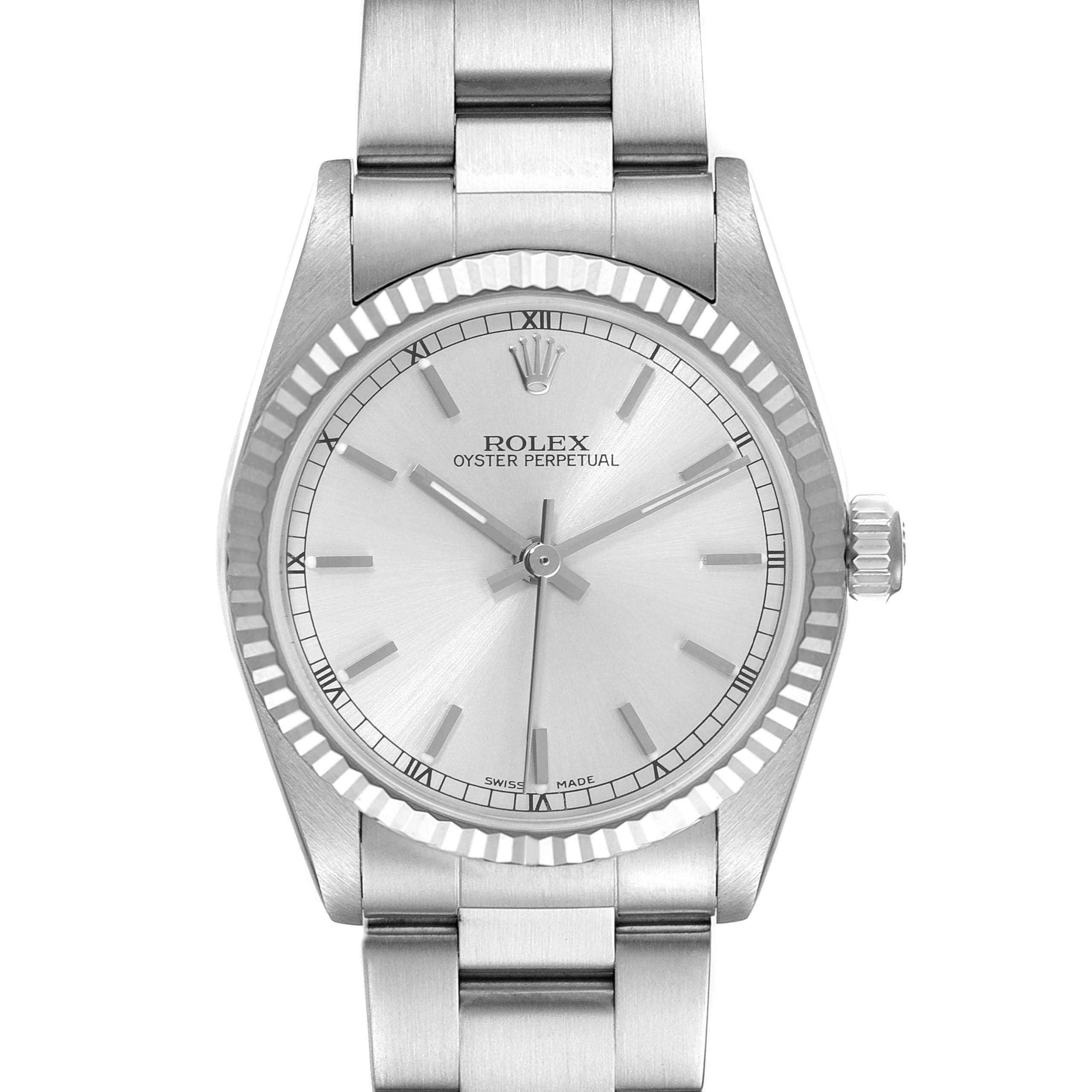 The image shows a Rolex Mid-Size 77014 Women
s Stainless Steel Silver Dial 77014 Women
s Stainless Steel Silver Dial Oyster Perpetual watch from a frontal angle, highlighting its silver dial and bracelet.