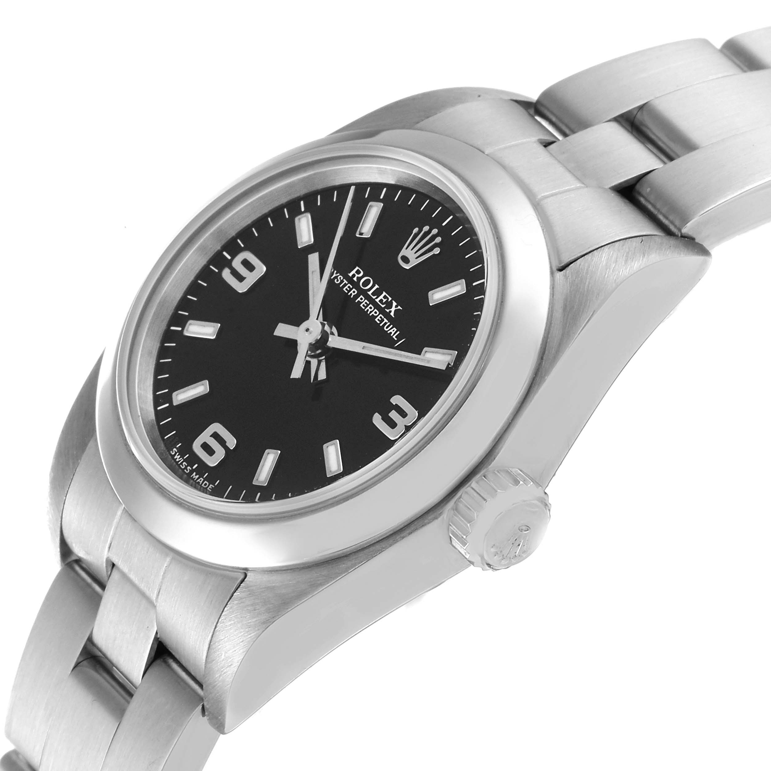 The image shows a side view of the Rolex Oyster Perpetual 76080 Women's Stainless Steel Black Dial 76080 Women's Stainless Steel Black Dial watch, highlighting the face, bezel, crown, and bracelet.