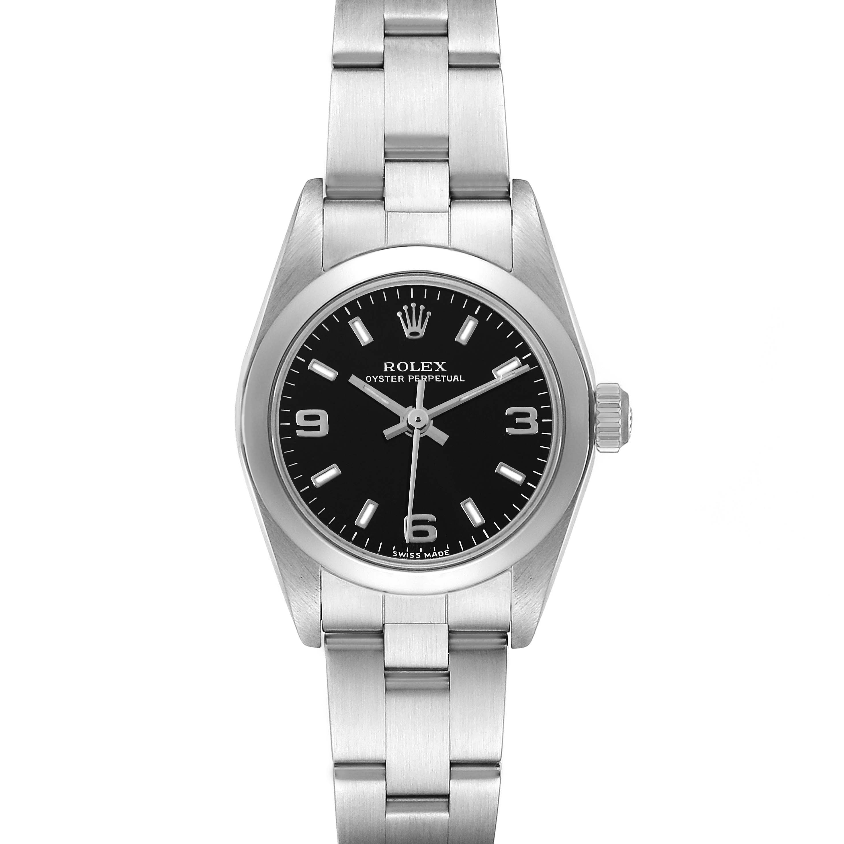 This image shows a front view of a Rolex Oyster Perpetual 76080 Women's Stainless Steel Black Dial 76080 Women's Stainless Steel Black Dial watch, displaying the dial, hands, and stainless steel bracelet.