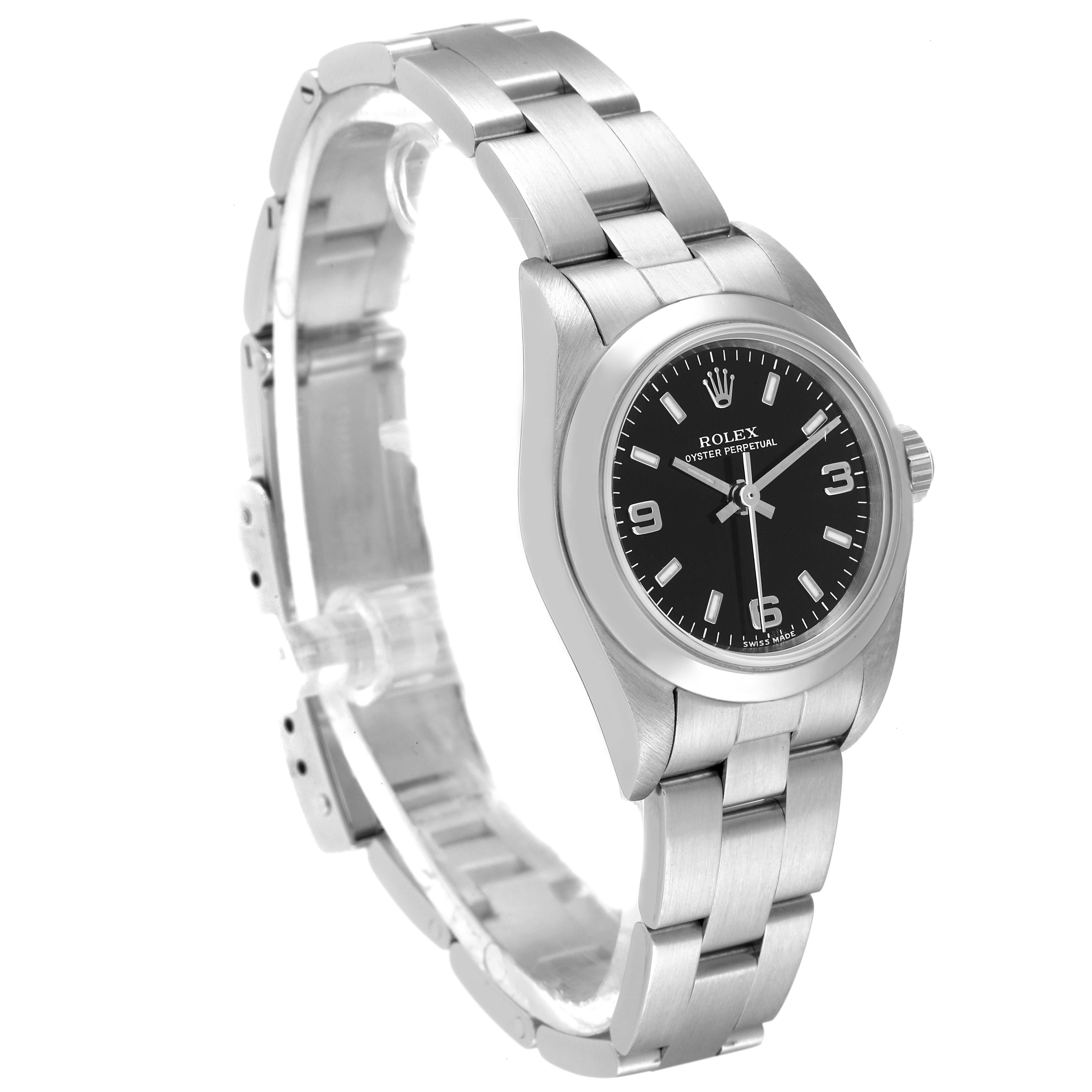 The Rolex Oyster Perpetual 76080 Women's Stainless Steel Black Dial 76080 Women's Stainless Steel Black Dial watch is shown from a front-side angle, displaying the full bracelet, face, and crown.