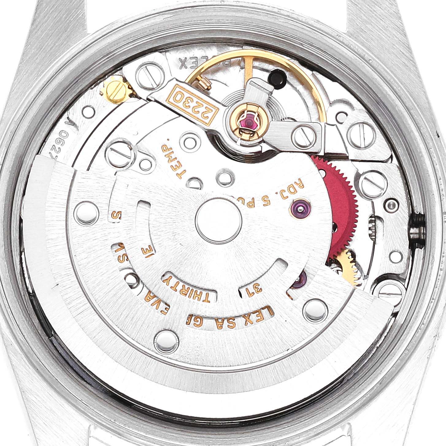 This image shows the internal mechanism and movement of the Rolex Oyster Perpetual 76080 Women's Stainless Steel Black Dial 76080 Women's Stainless Steel Black Dial watch from a close-up angle.