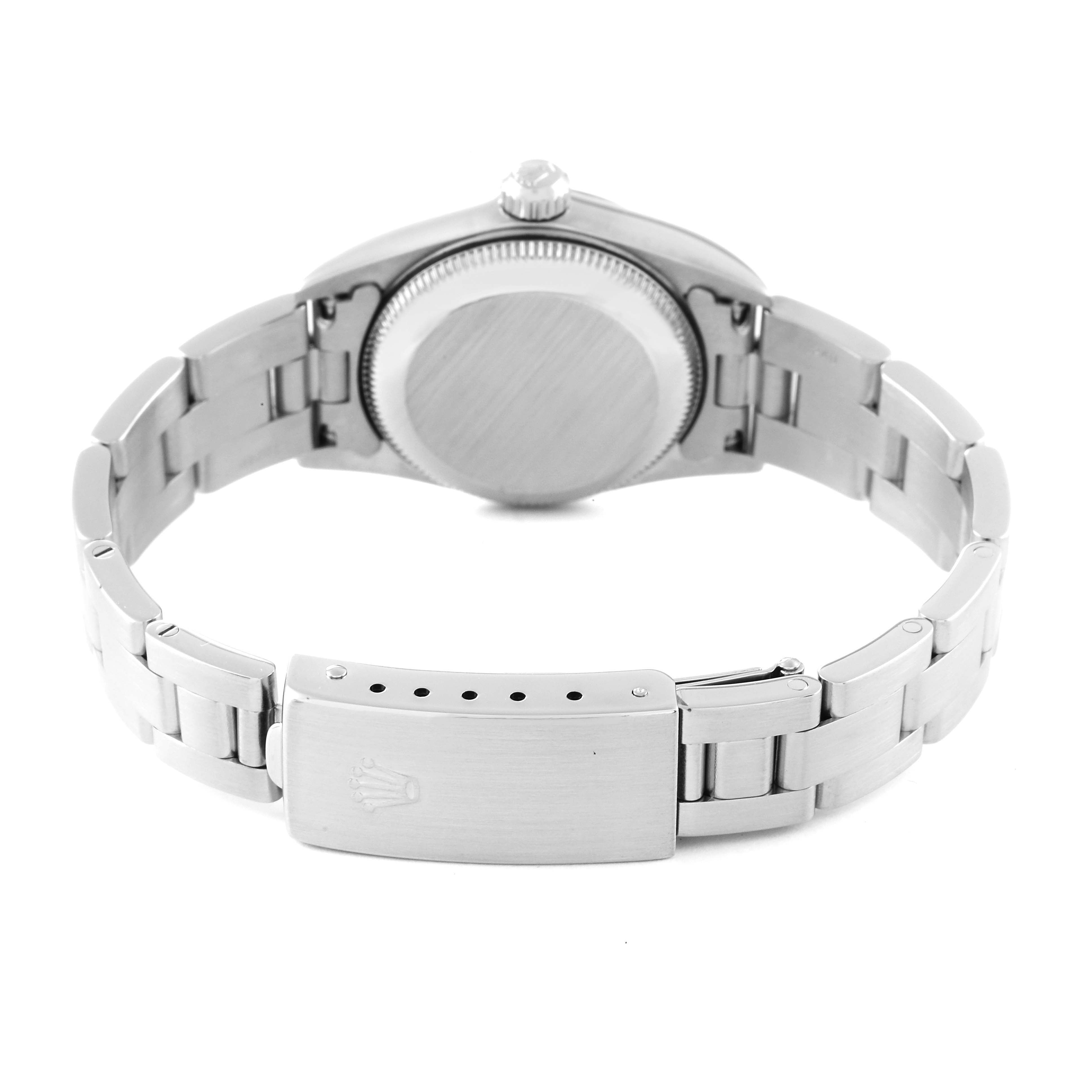 This is a rear view of the Rolex Oyster Perpetual 76080 Women's Stainless Steel Black Dial 76080 Women's Stainless Steel Black Dial watch, showing the closed clasp and case back.