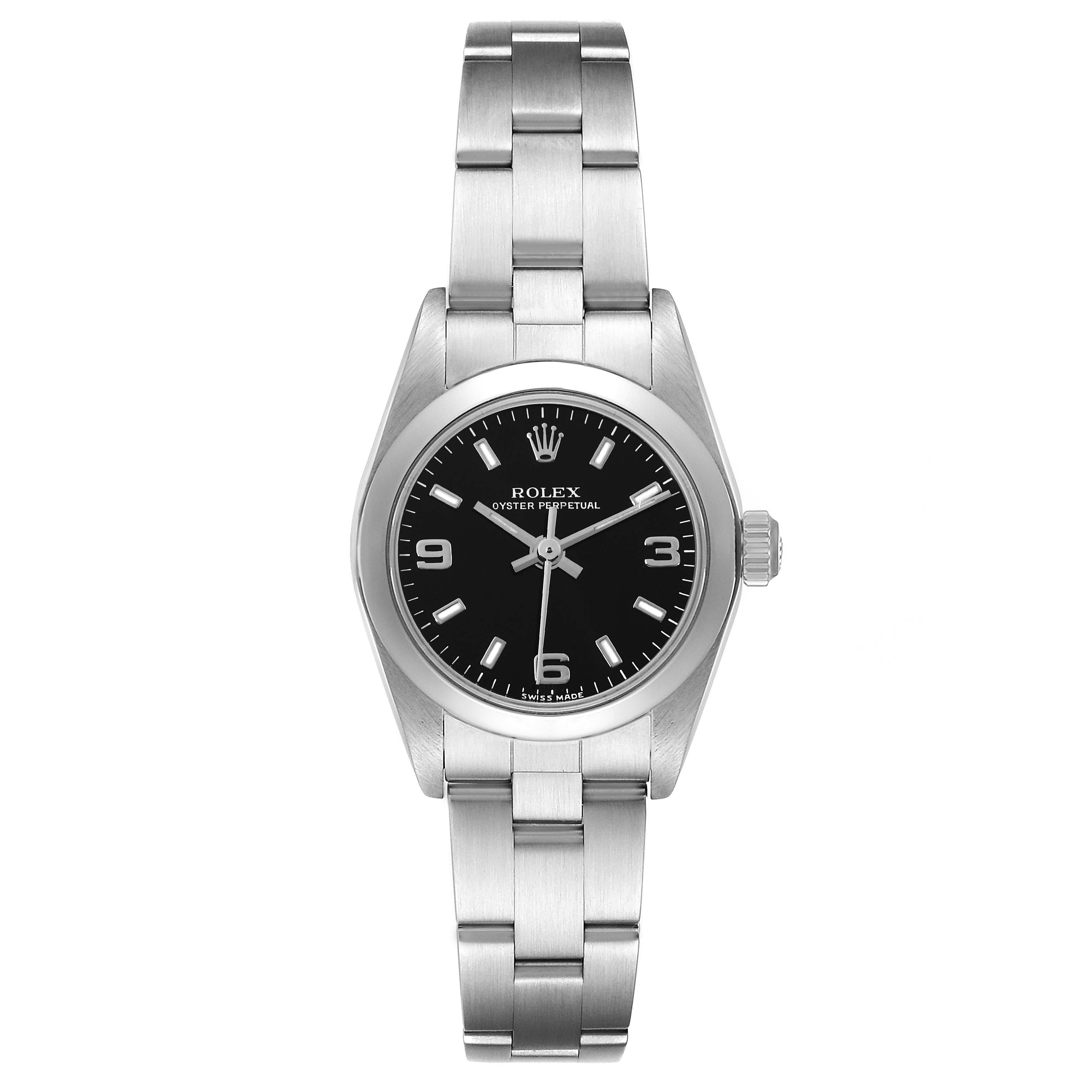 The image shows a front view of the Rolex Oyster Perpetual 76080 Women's Stainless Steel Black Dial 76080 Women's Stainless Steel Black Dial watch, displaying its face and metal bracelet.