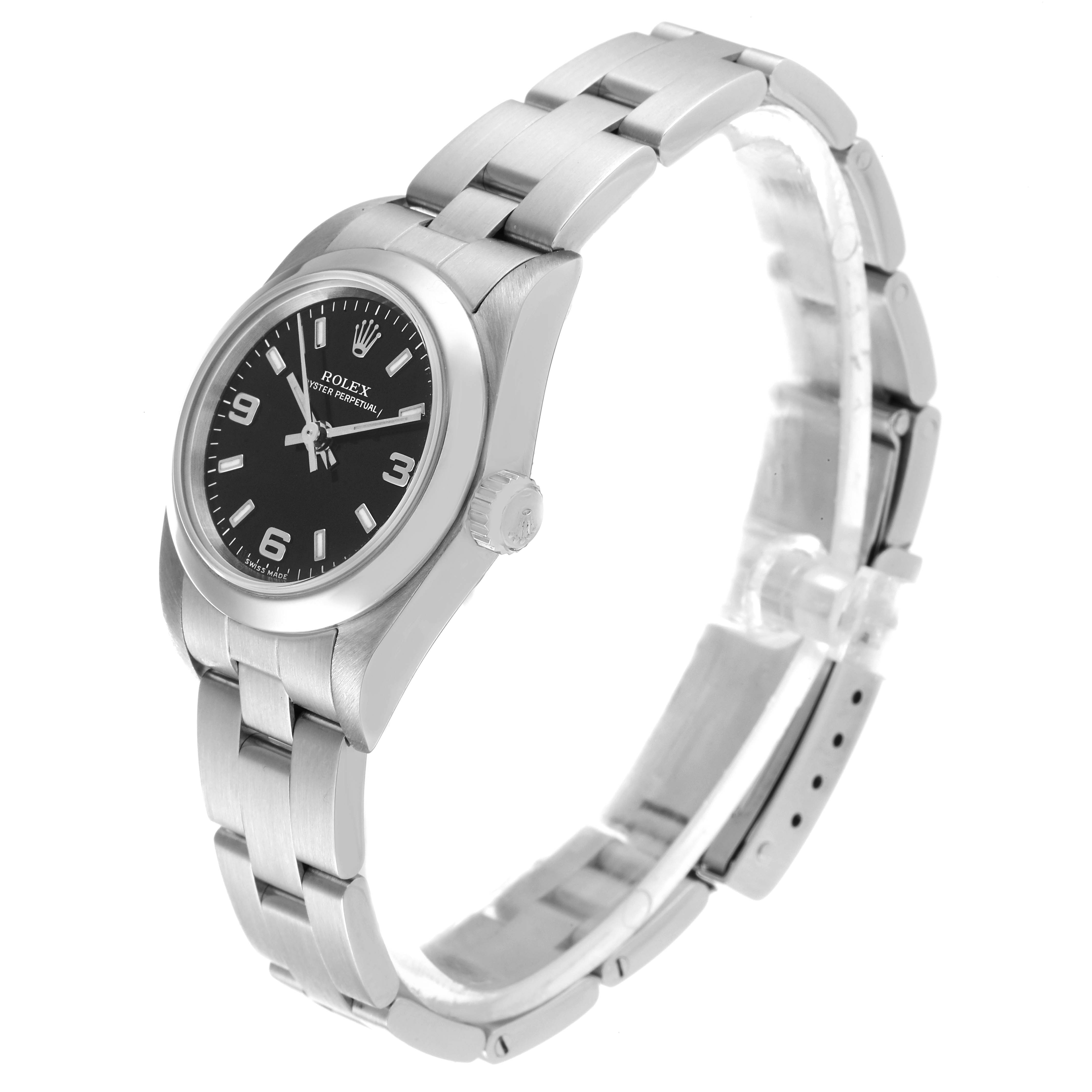 The image shows a Rolex Oyster Perpetual 76080 Women's Stainless Steel Black Dial 76080 Women's Stainless Steel Black Dial watch at a three-quarter angle, highlighting the dial, case, and bracelet.
