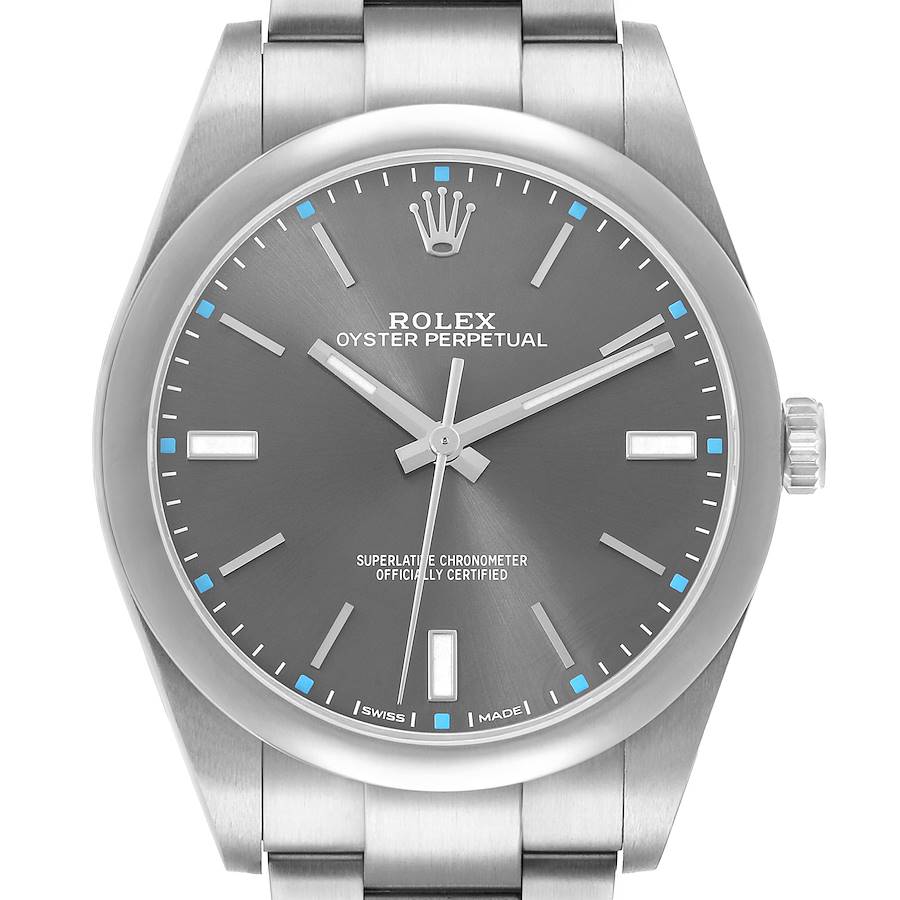 The image shows a straight-on view of the Rolex Oyster Perpetual 114300 Men's Stainless Steel Grey Dial watch, highlighting the face, bezel, crown, and part of the bracelet.