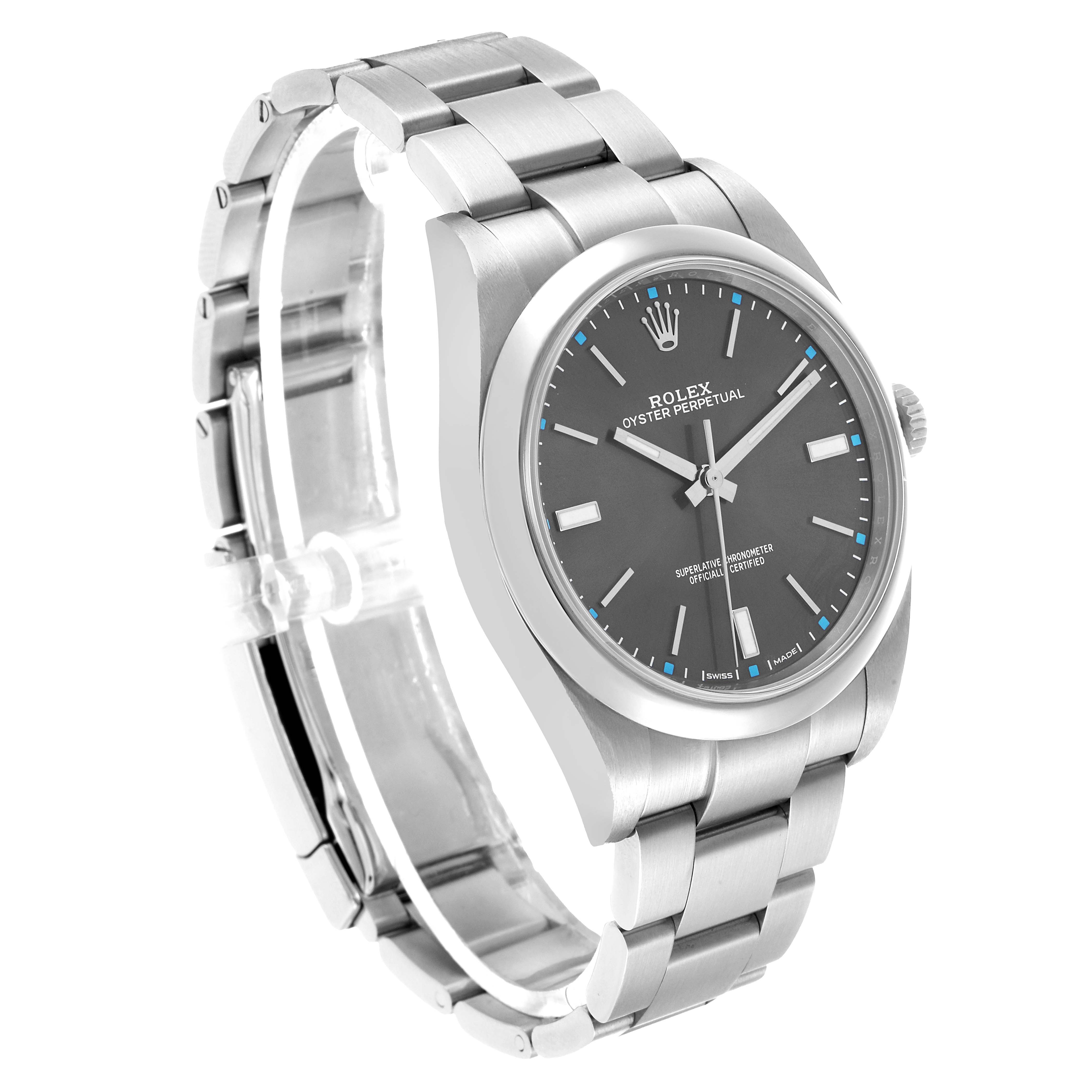 The Rolex Oyster Perpetual 114300 Men's Stainless Steel Grey Dial watch is shown at a three-quarter front angle, displaying the face and bracelet.