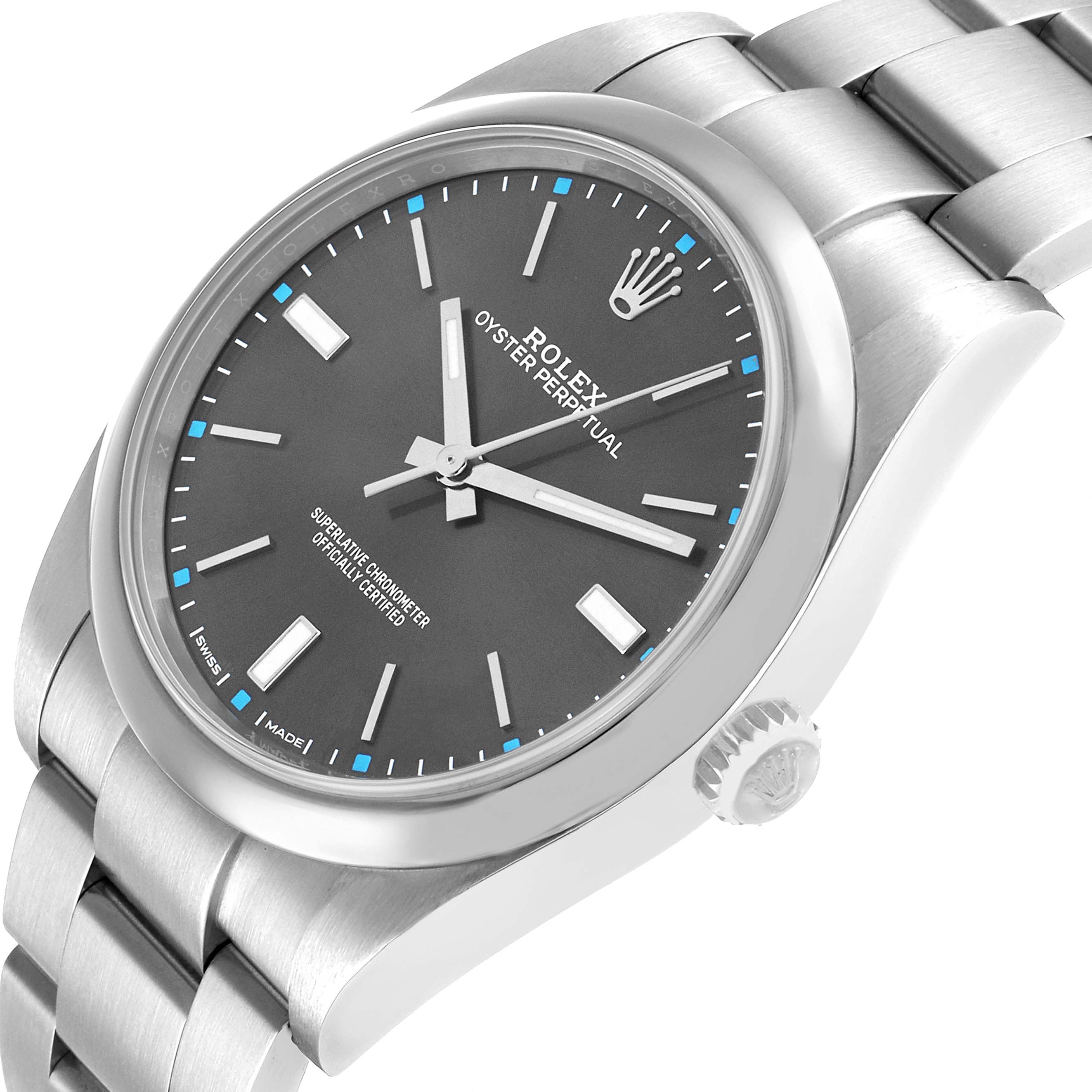 The Rolex Oyster Perpetual 114300 Men's Stainless Steel Grey Dial watch is shown from a slightly angled top view, displaying the dial, bezel, crown, and part of the bracelet.