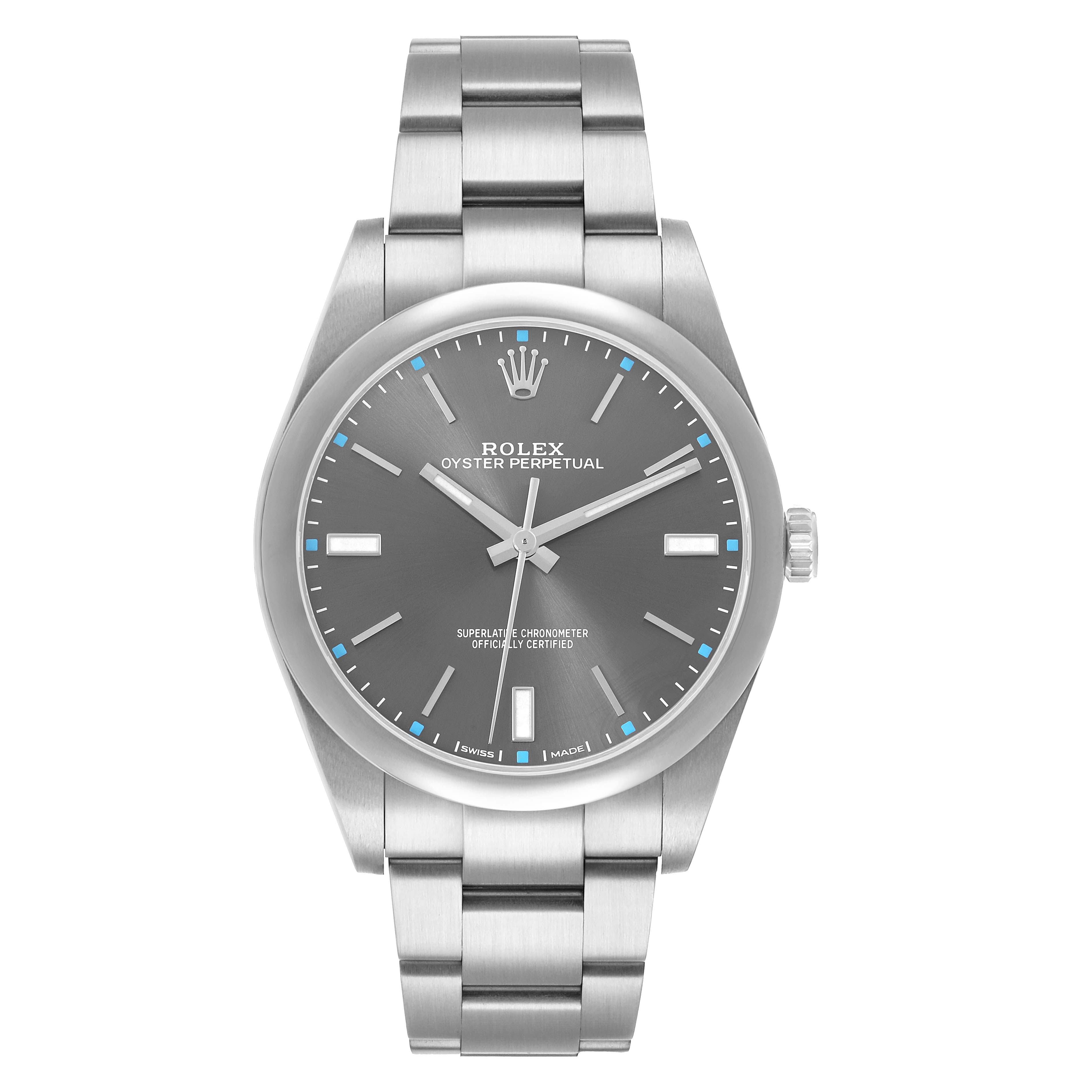The Rolex Oyster Perpetual 114300 Men's Stainless Steel Grey Dial watch is shown from a frontal angle, highlighting its stainless steel case, dial, and bracelet.