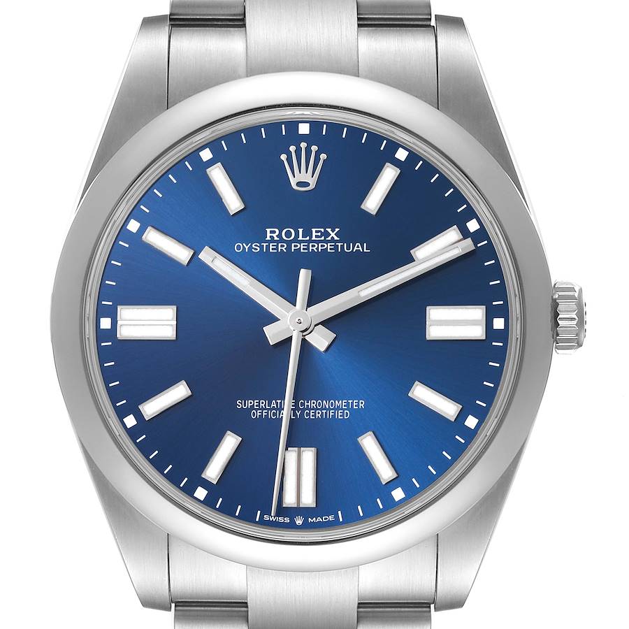 The Rolex Oyster Perpetual watch is shown from a front angle, highlighting the dial, hands, markers, and part of the bracelet.