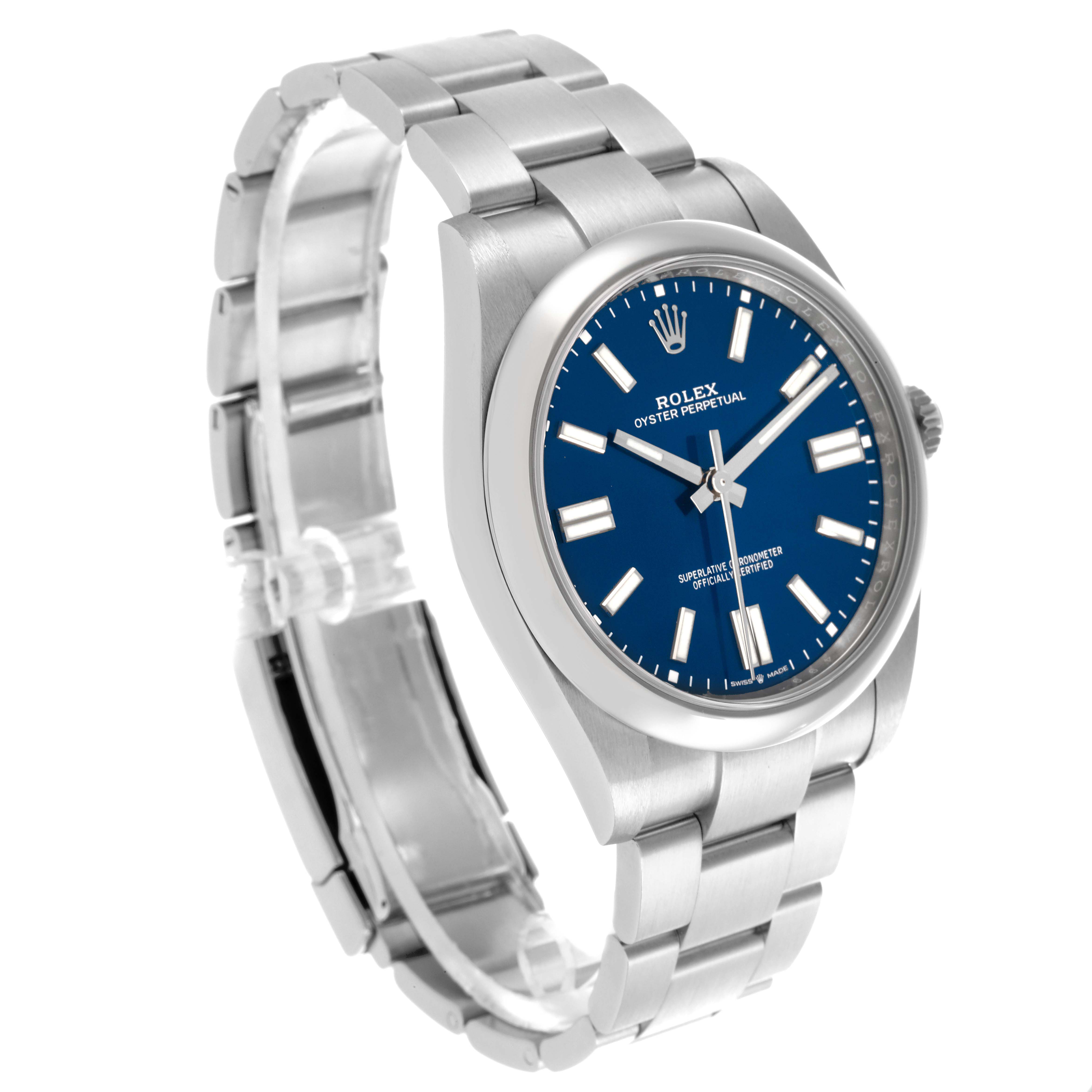 The Rolex Oyster Perpetual 124300 Men's Stainless Steel Blue Dial 124300 Men's Stainless Steel Blue Dial watch is shown at a side angle, highlighting the blue dial, bracelet, and case.