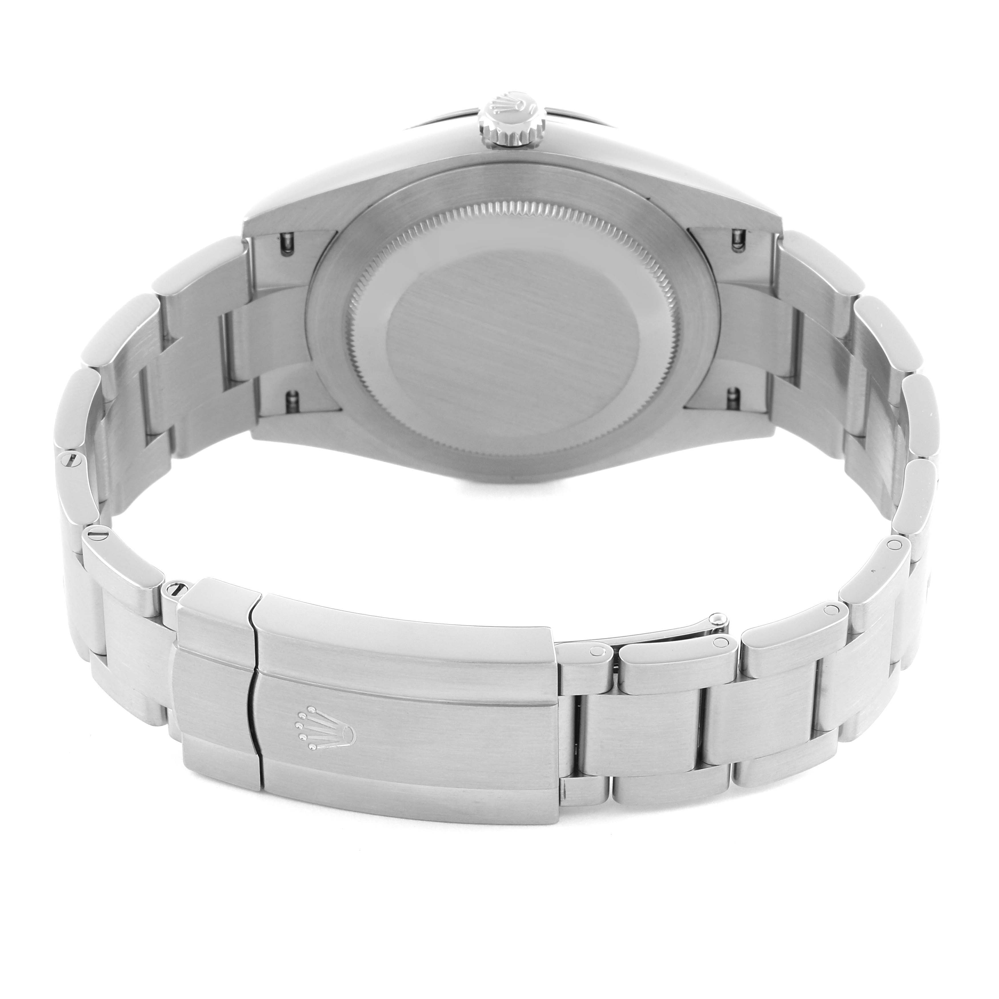 The image shows the back view of a Rolex Oyster Perpetual 124300 Men's Stainless Steel Blue Dial 124300 Men's Stainless Steel Blue Dial, highlighting the case back and bracelet clasp.