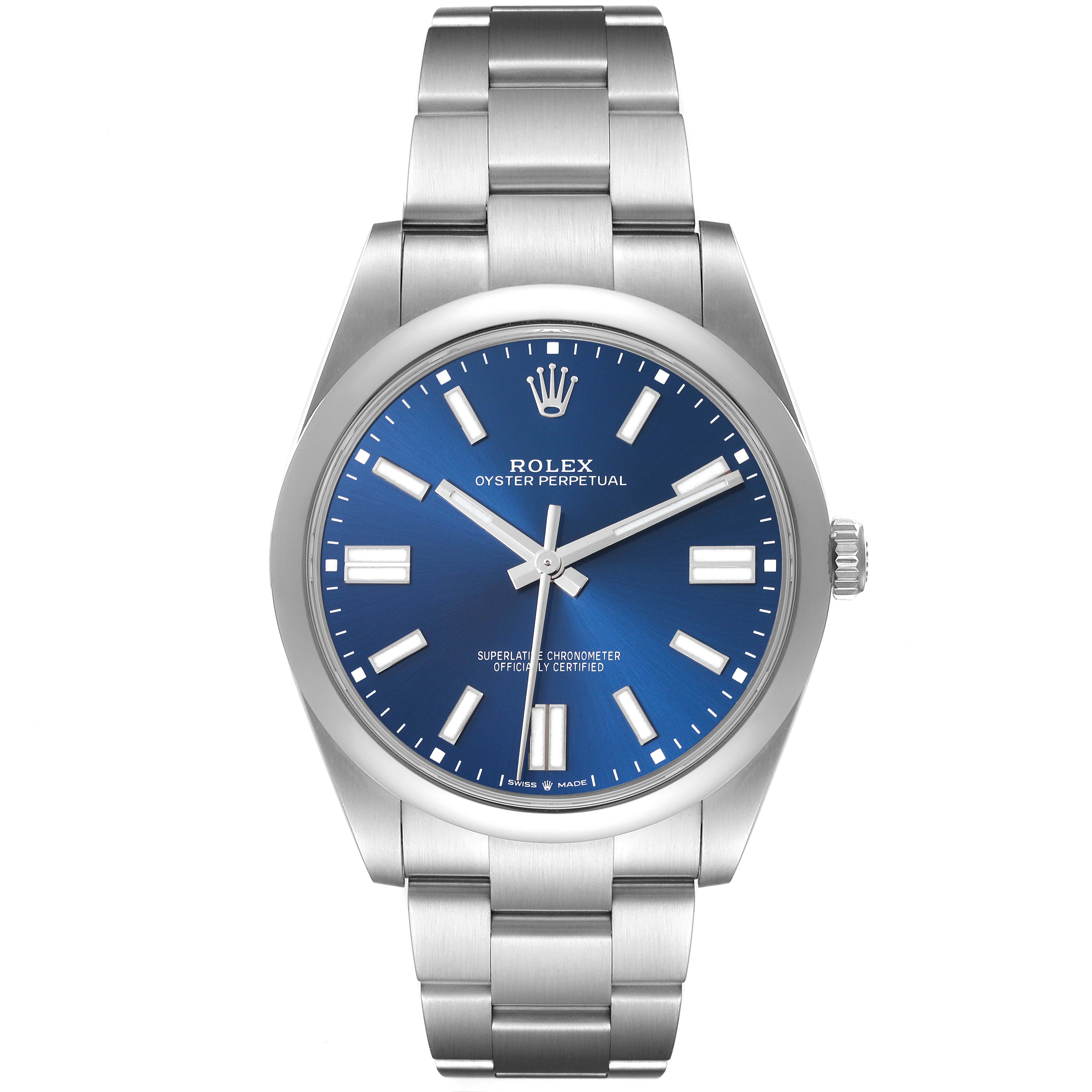 The Rolex Oyster Perpetual 124300 Men's Stainless Steel Blue Dial 124300 Men's Stainless Steel Blue Dial watch is shown from a front angle, displaying the blue dial, indices, hands, and bracelet.