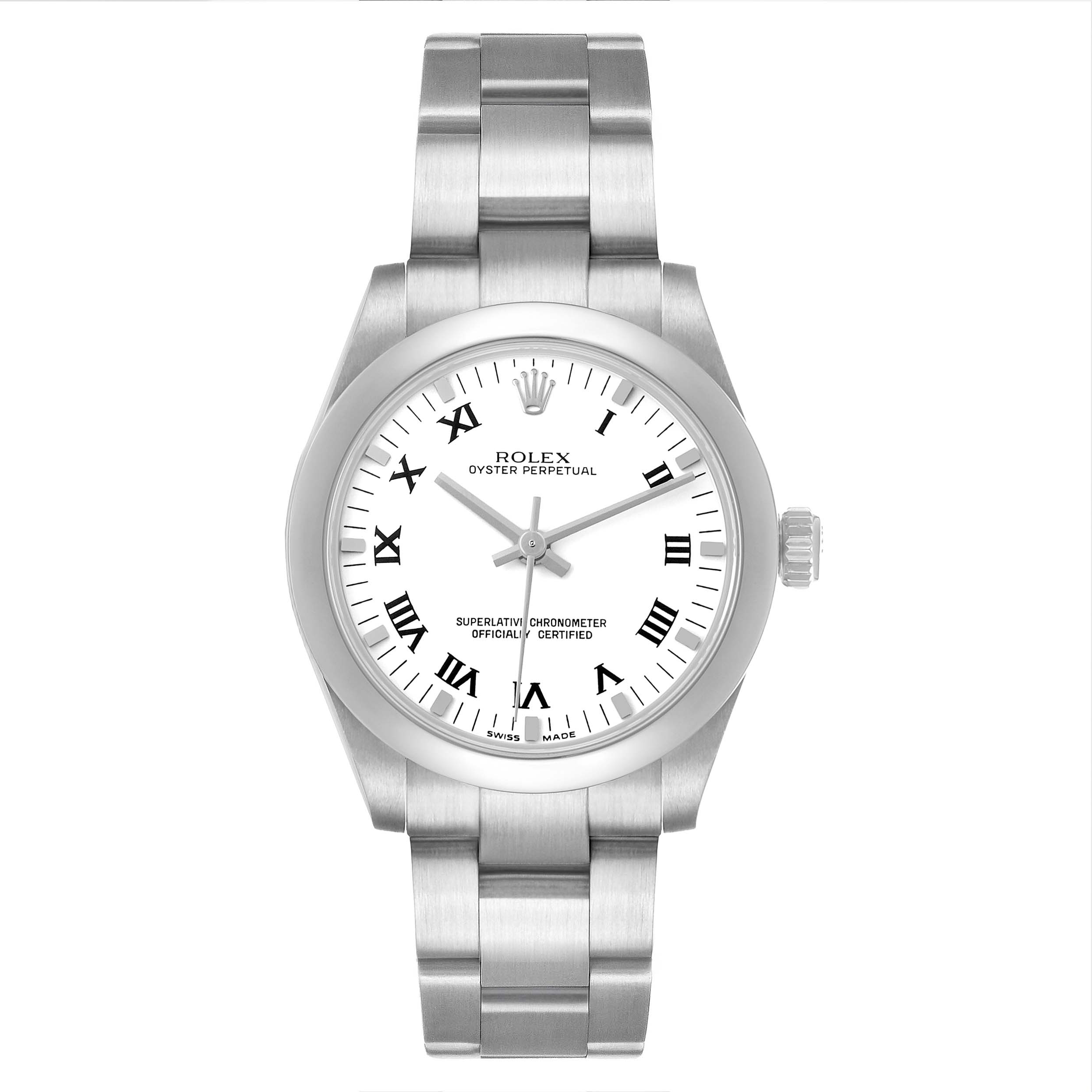The Rolex Mid-Size 177200 Women's Stainless Steel White Dial watch is shown from a frontal angle, featuring the dial, bezel, bracelet, and crown.