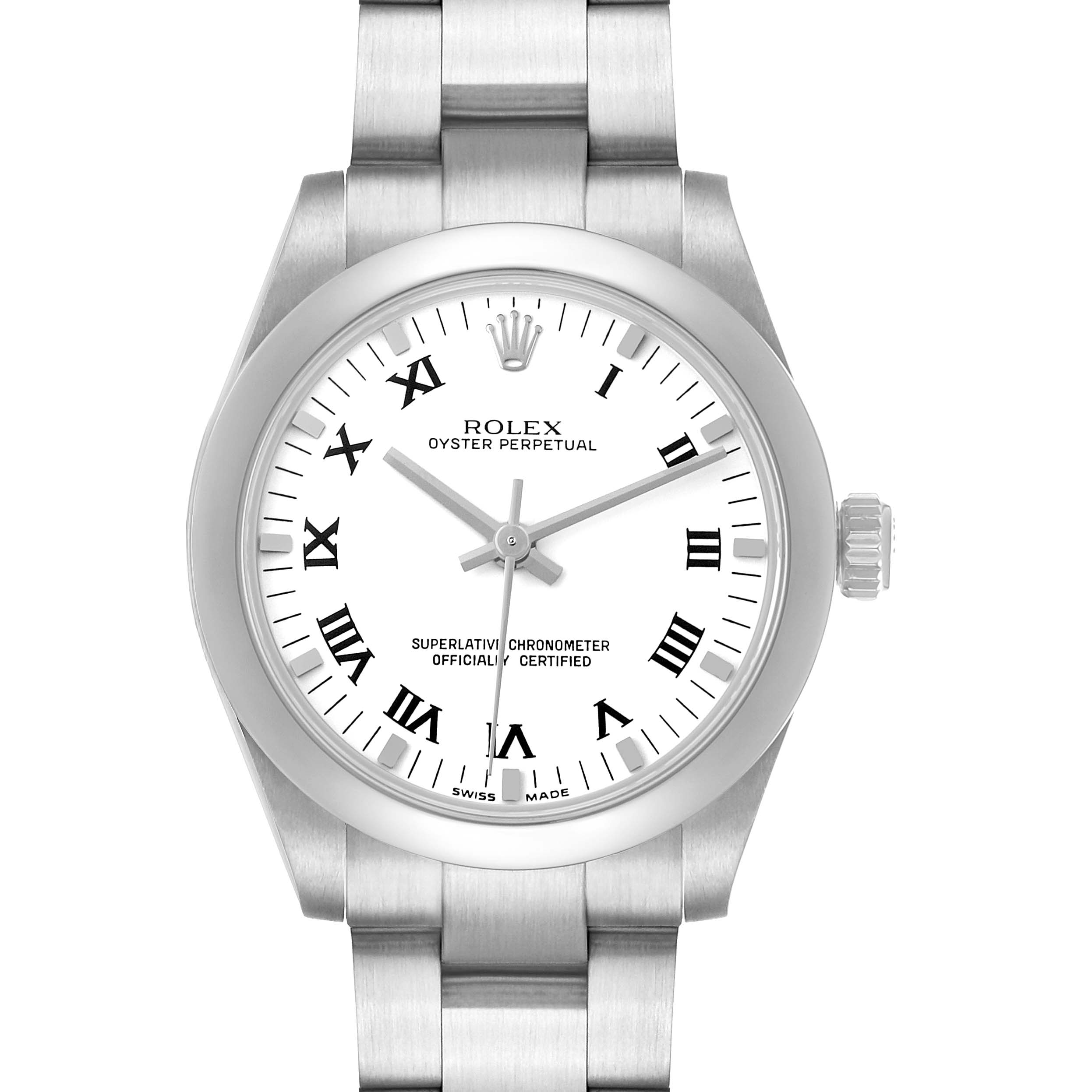 The Rolex Mid-Size 177200 Women's Stainless Steel White Dial watch is shown from a front angle, displaying the face, bezel, crown, and part of the bracelet.