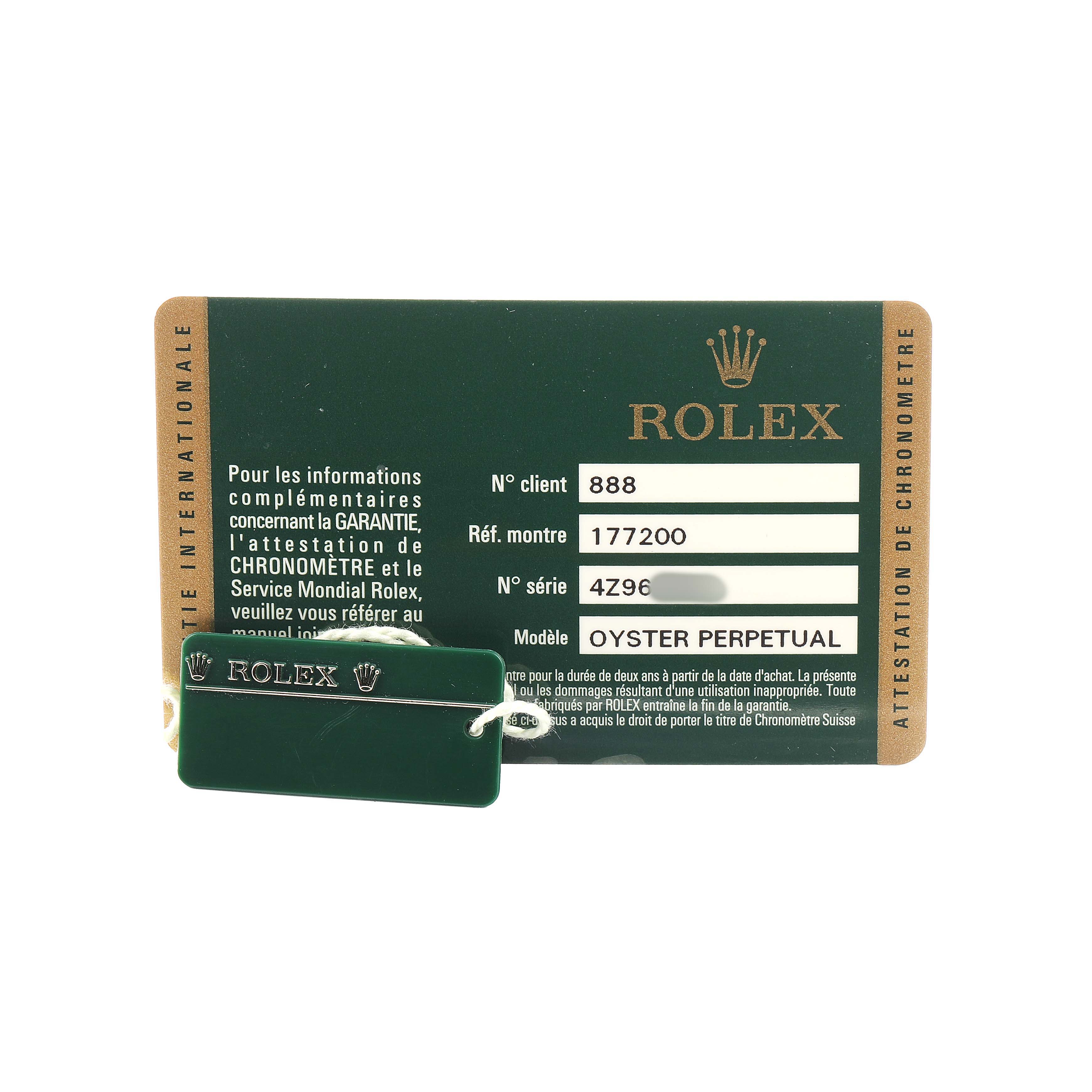 The image shows a Rolex Oyster Perpetual certification tag and card for the Mid-Size model 177200.