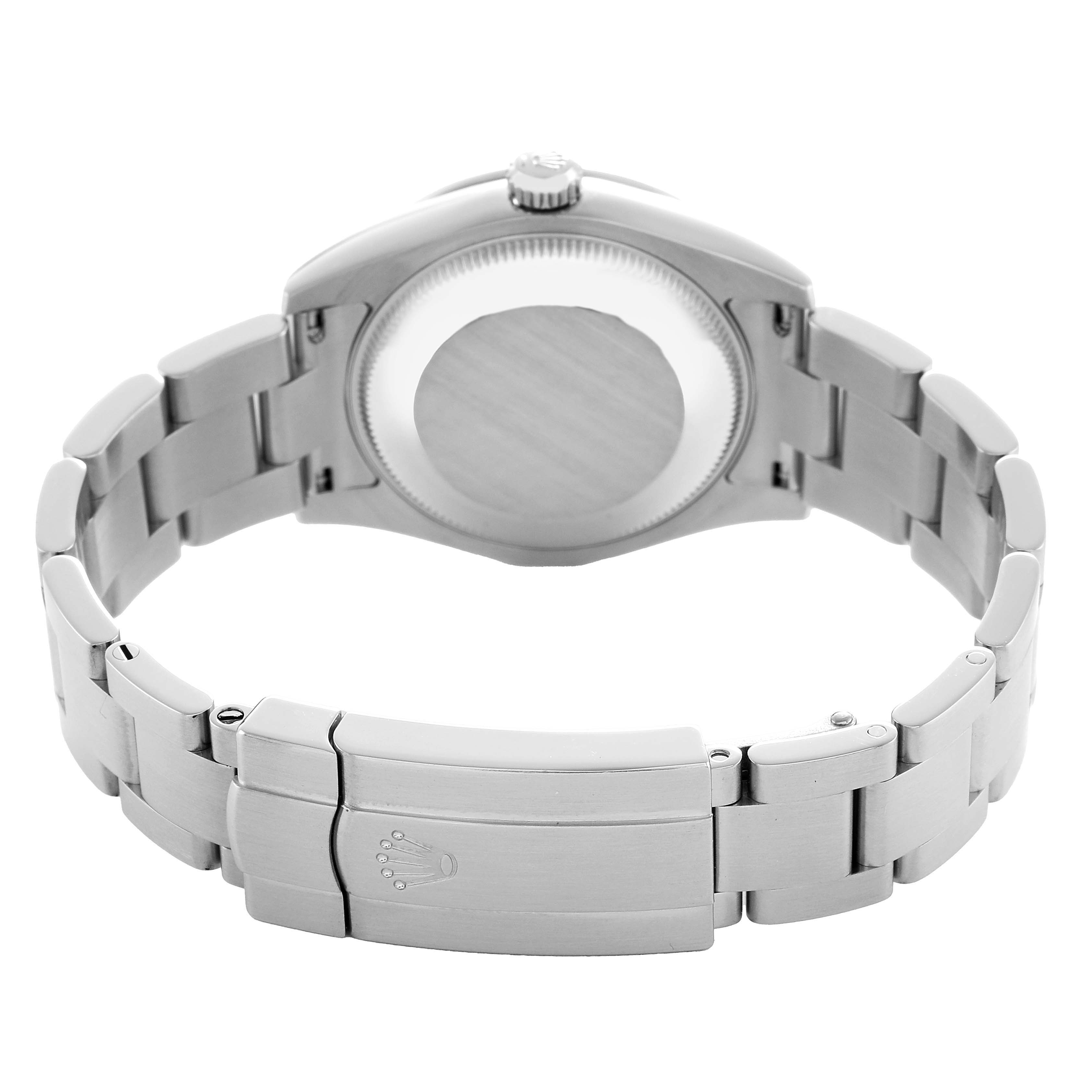 The image shows the back and bracelet of a Mid-Size Rolex watch, highlighting the clasp and case back.