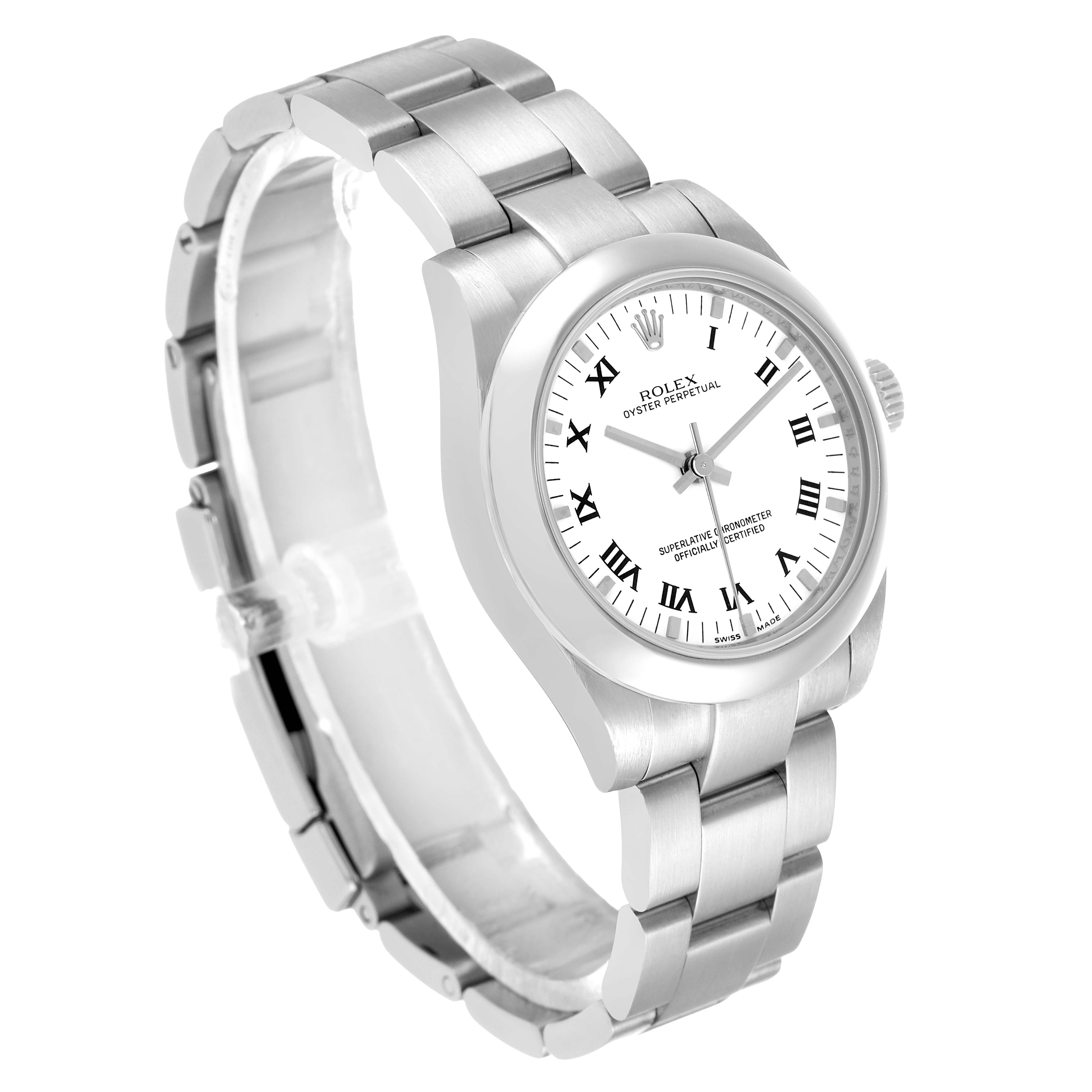The Rolex Mid-Size 177200 Women's Stainless Steel White Dial model is shown at a slight angle, displaying its face, bezel, and bracelet clearly.