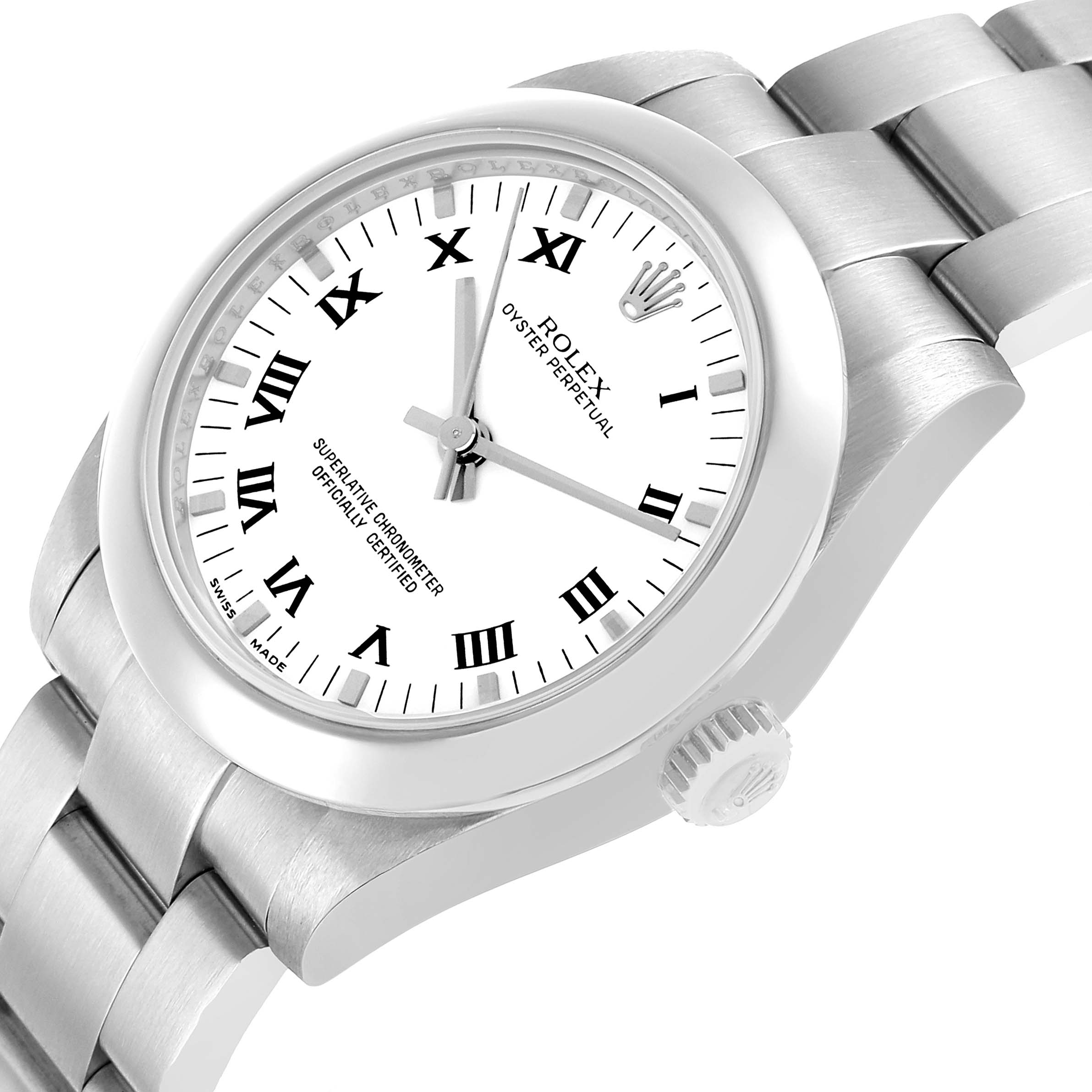 The Rolex Mid-Size 177200 Women's Stainless Steel White Dial Oyster Perpetual watch is shown at a three-quarter angle, highlighting the bracelet, dial, and crown.