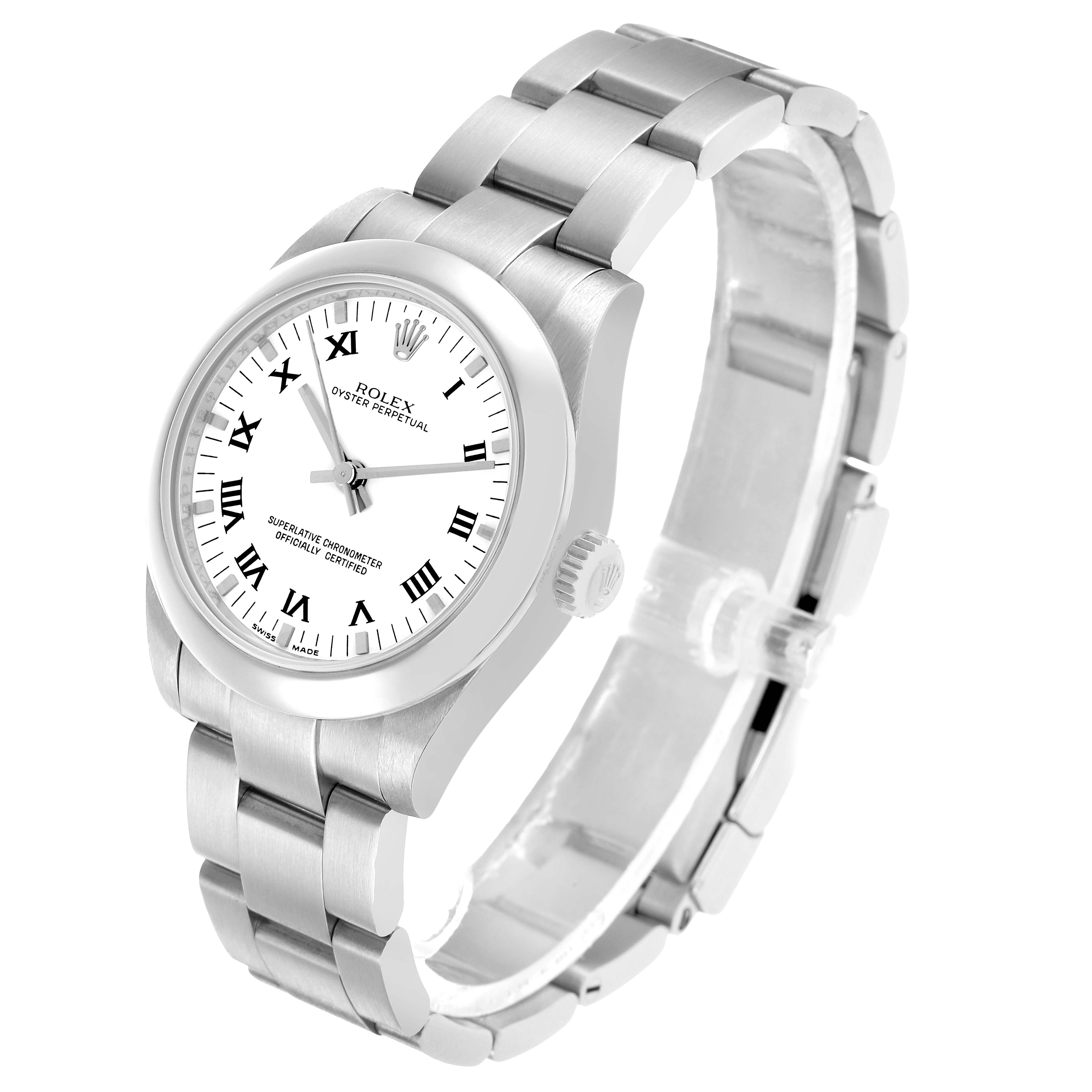 The Rolex Mid-Size 177200 Women's Stainless Steel White Dial watch is shown from a front angle, highlighting its face, bezel, crown, and bracelet.