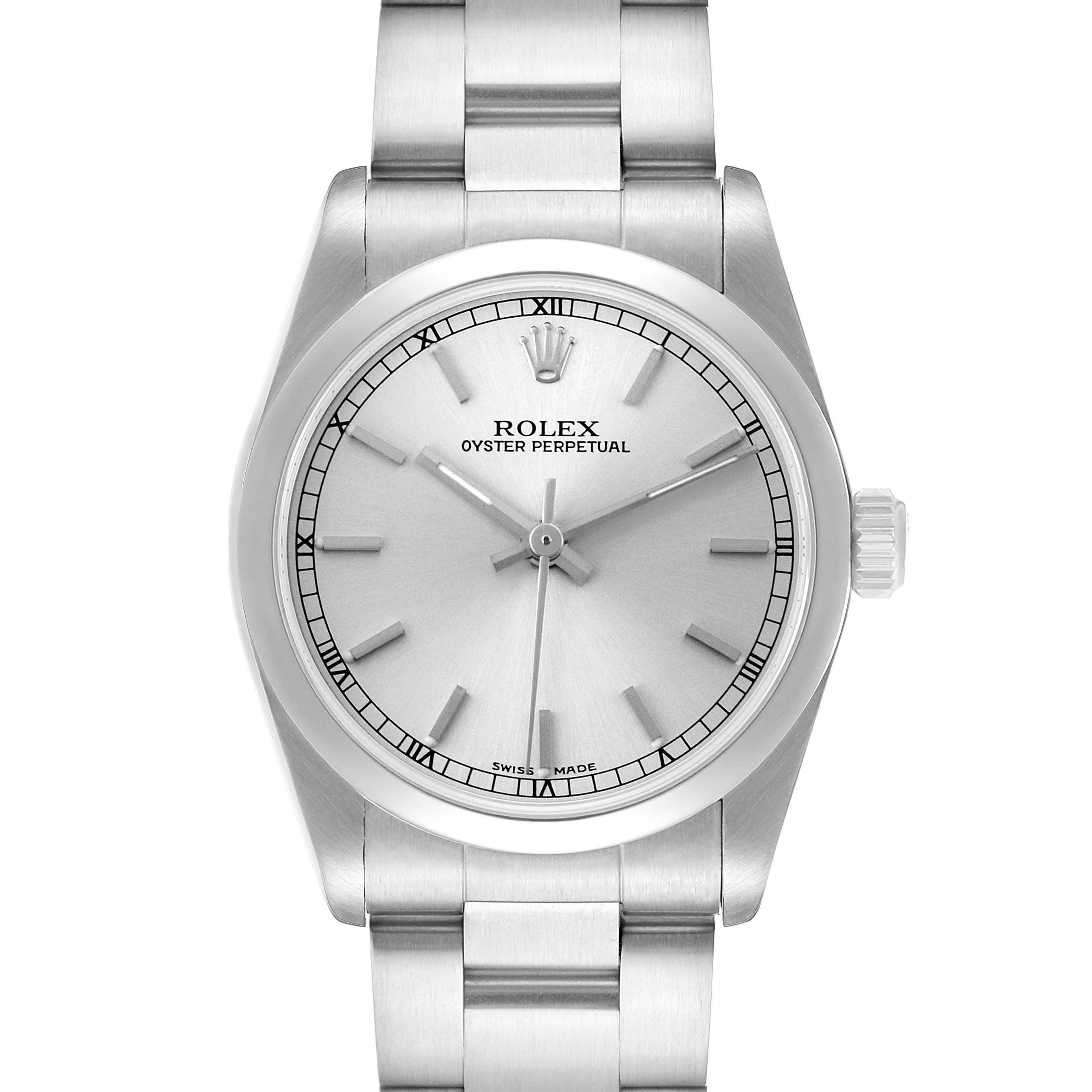 The Rolex Oyster Perpetual Mid-Size is shown from a front view, displaying its dial, bezel, crown, and part of the bracelet.