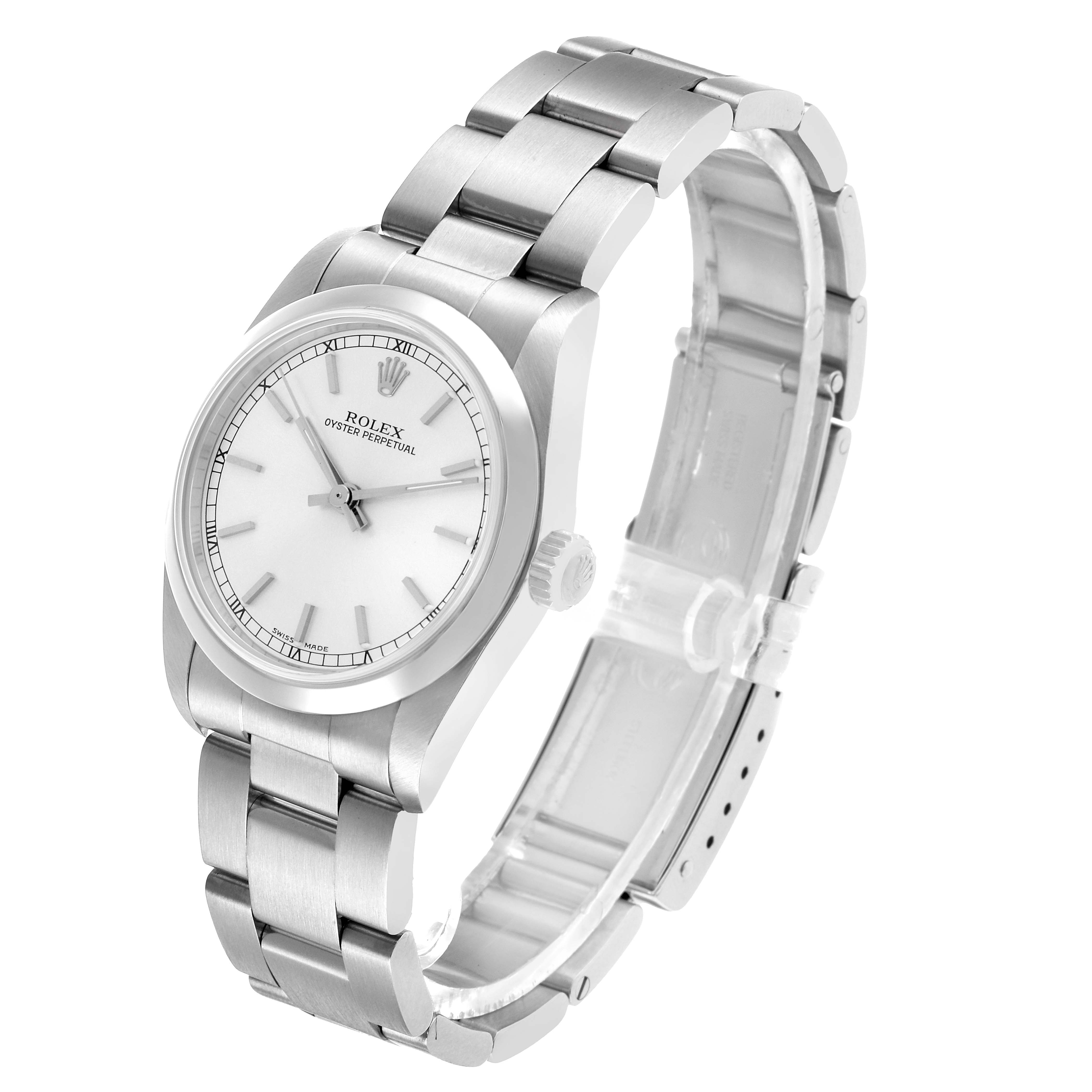 The Rolex mid-size model is shown at a three-quarter angle, displaying the face, bezel, dial, crown, and bracelet.