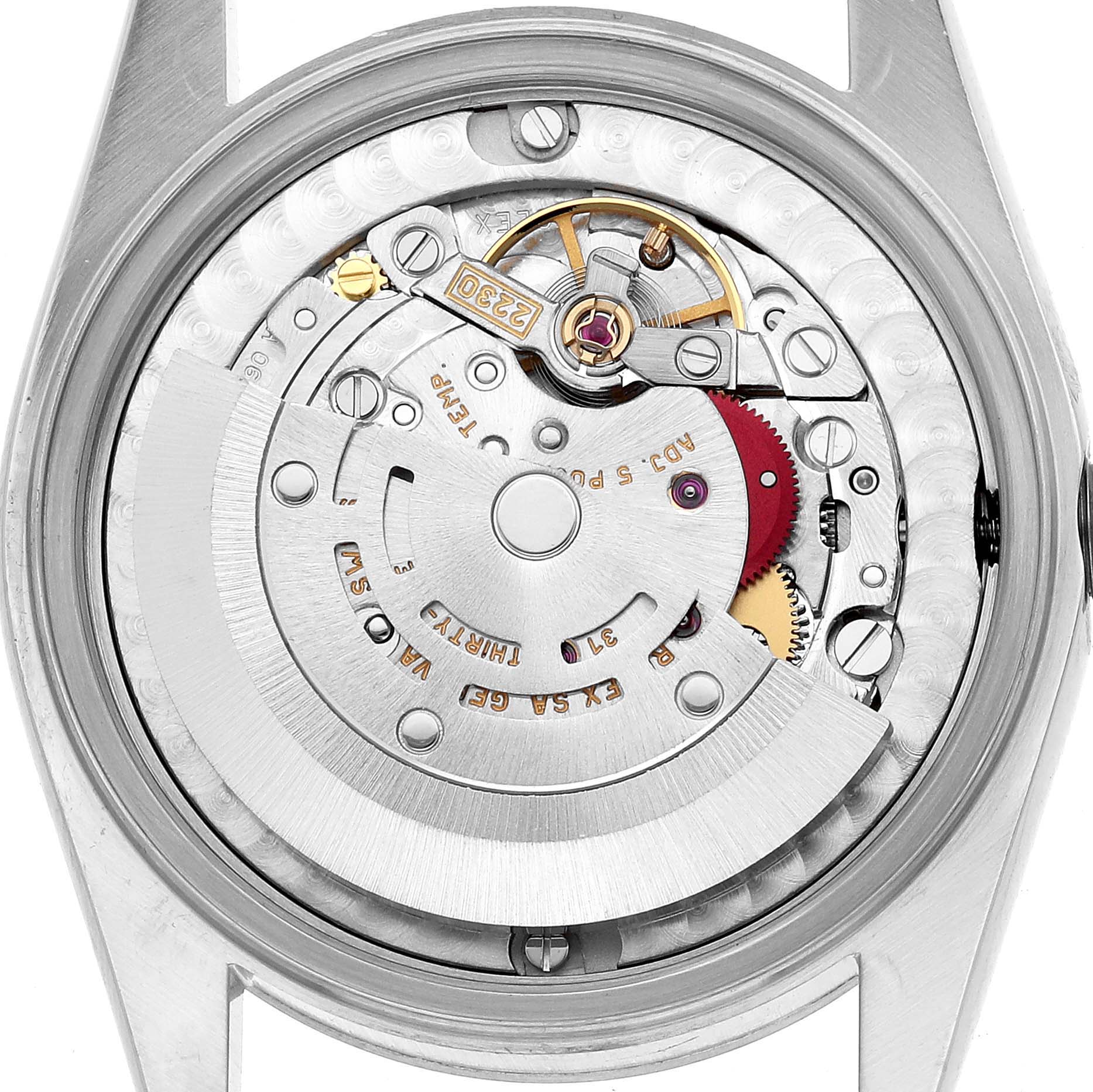 The image shows the back view of a Rolex Mid-Size 77080 Women's Stainless Steel Silver Dial watch, highlighting the intricate movement and internal components.