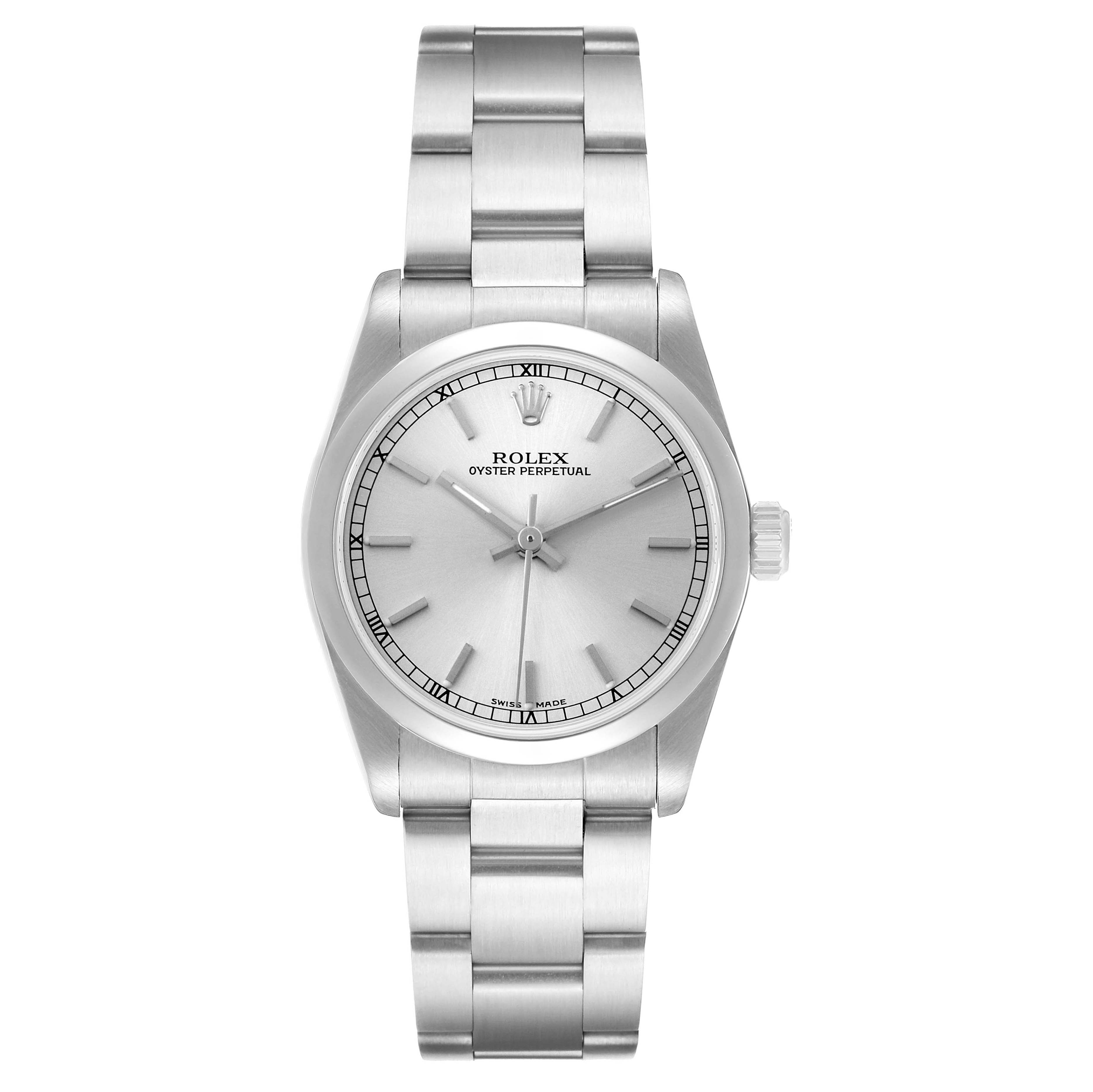 The Rolex Mid-Size 77080 Women's Stainless Steel Silver Dial watch is shown from a front angle, displaying the face, case, and bracelet links.