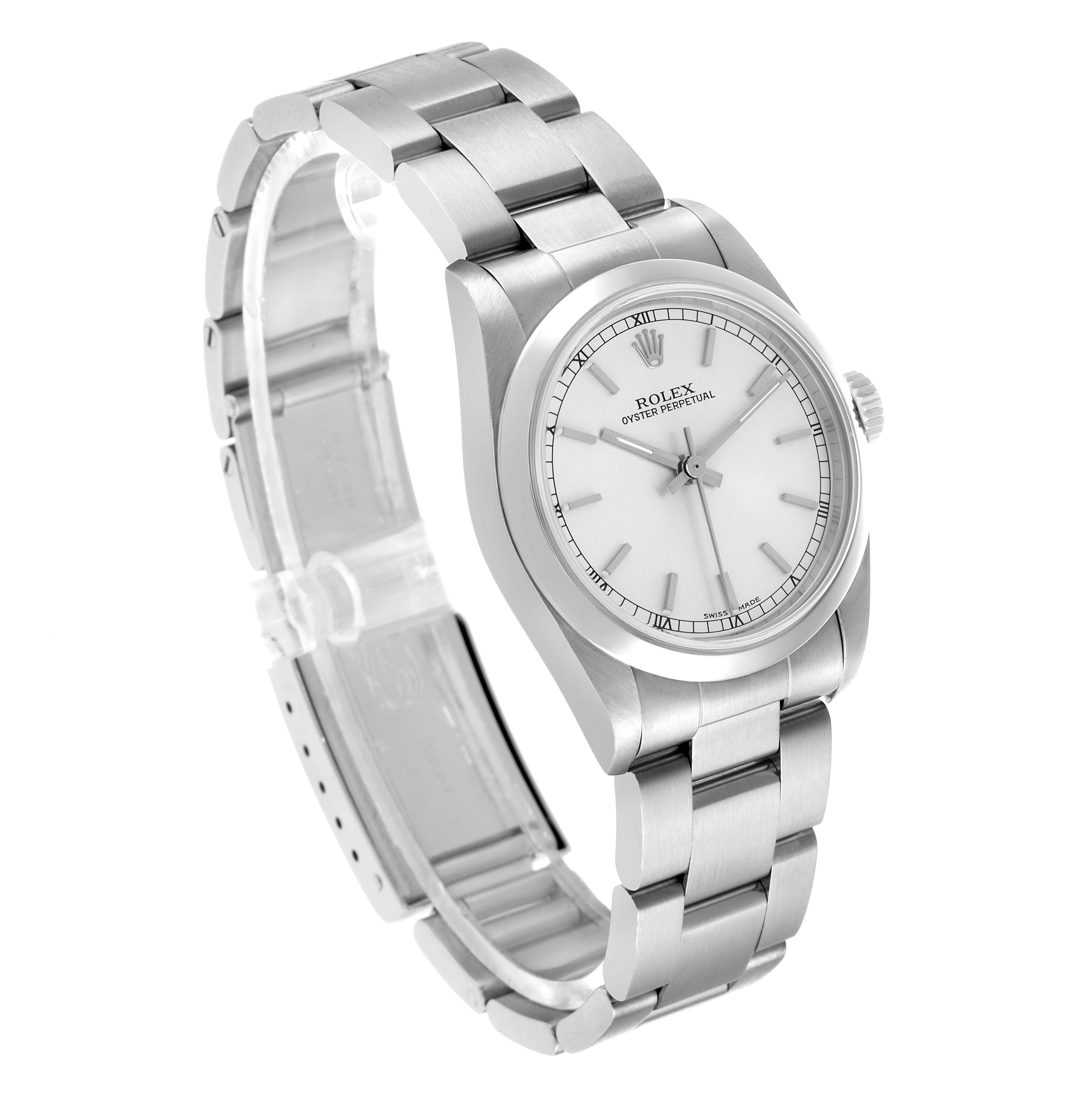 The Rolex Mid-Size 77080 Women's Stainless Steel Silver Dial watch is shown at an angle highlighting the face, case, and part of the bracelet.