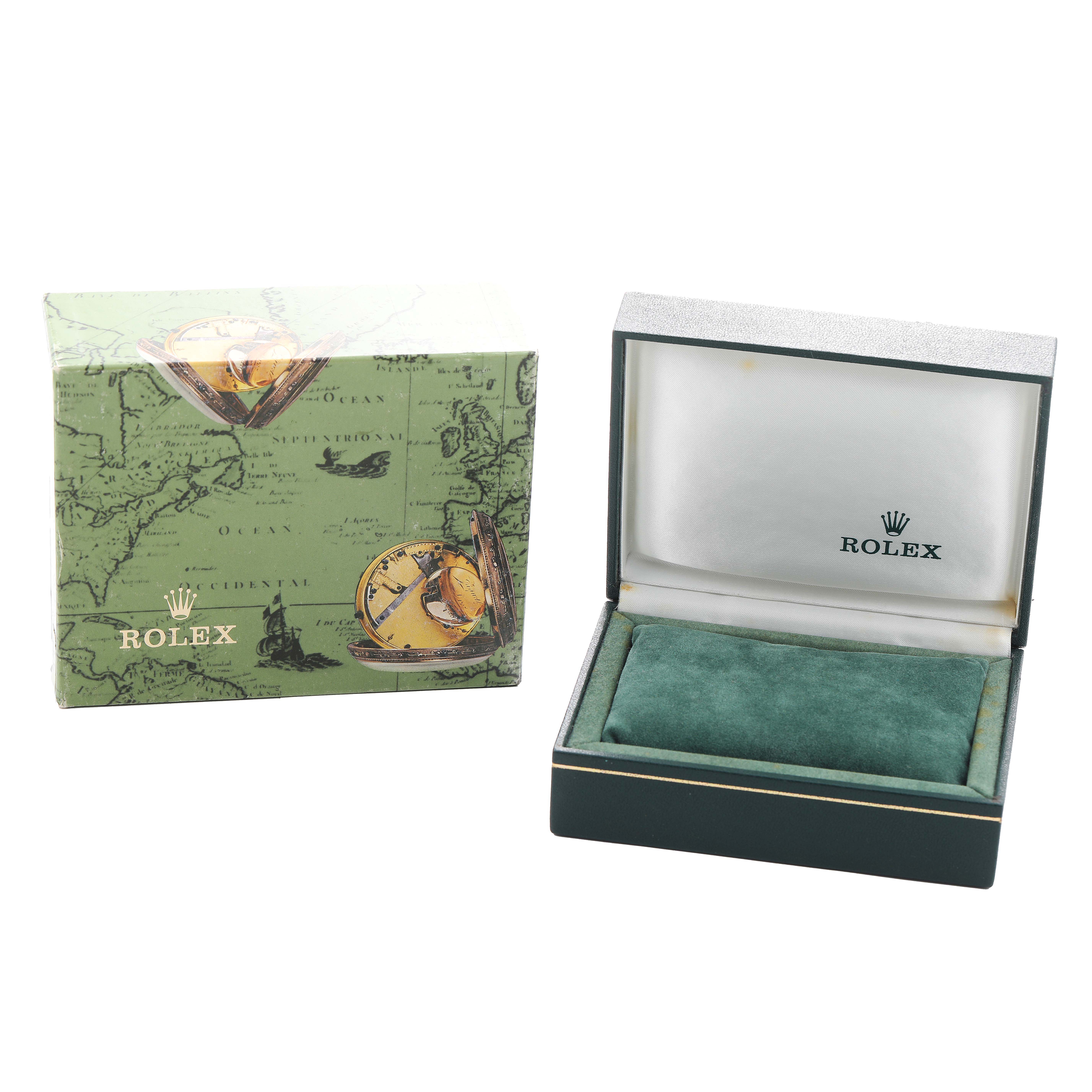 The image shows a Rolex Mid-Size 77080 Women's Stainless Steel Silver Dial model watch box and packaging, both viewed from the front.