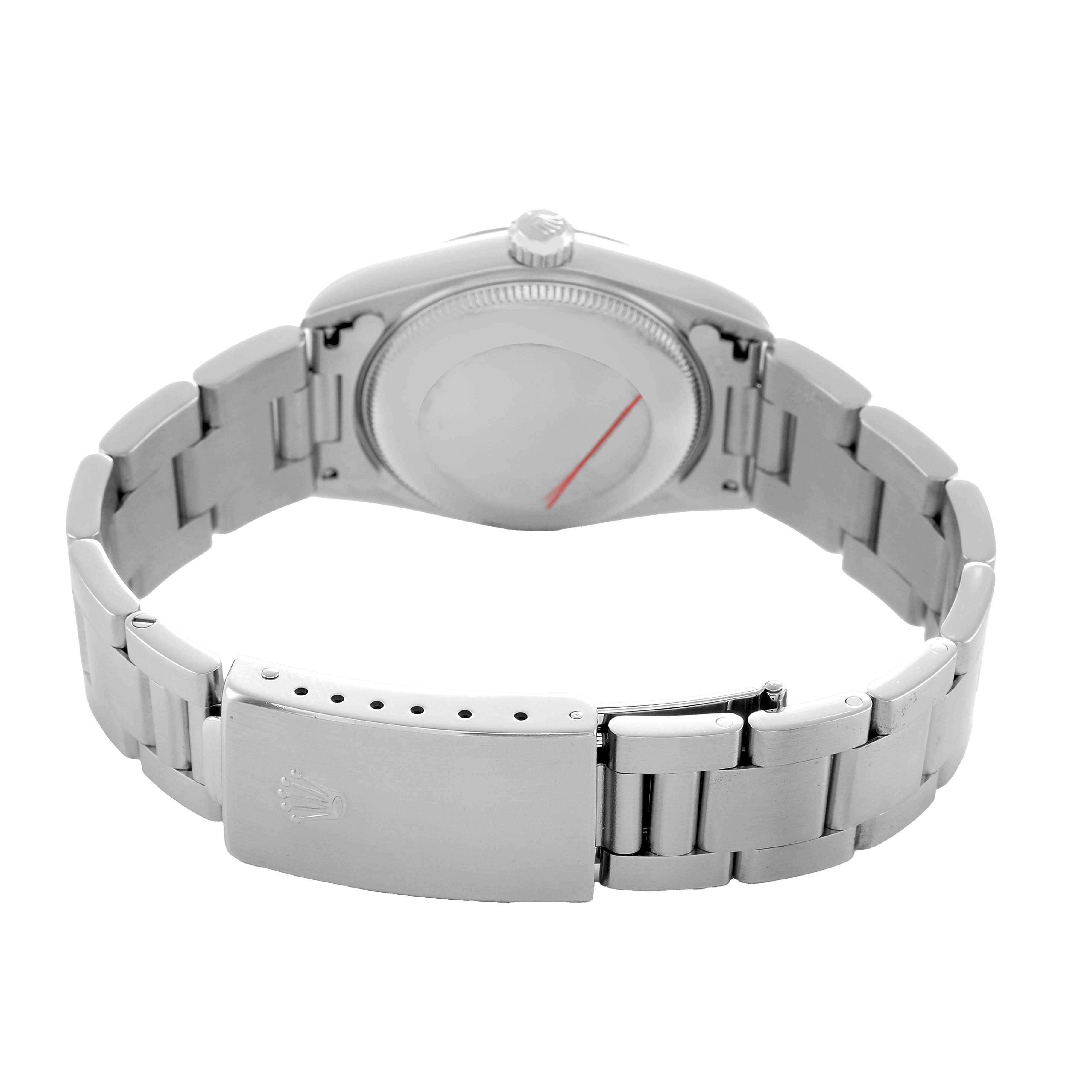 The image shows the back view of a Rolex Mid-Size 77080 Women's Stainless Steel Silver Dial model, highlighting the case back and bracelet with the clasp.