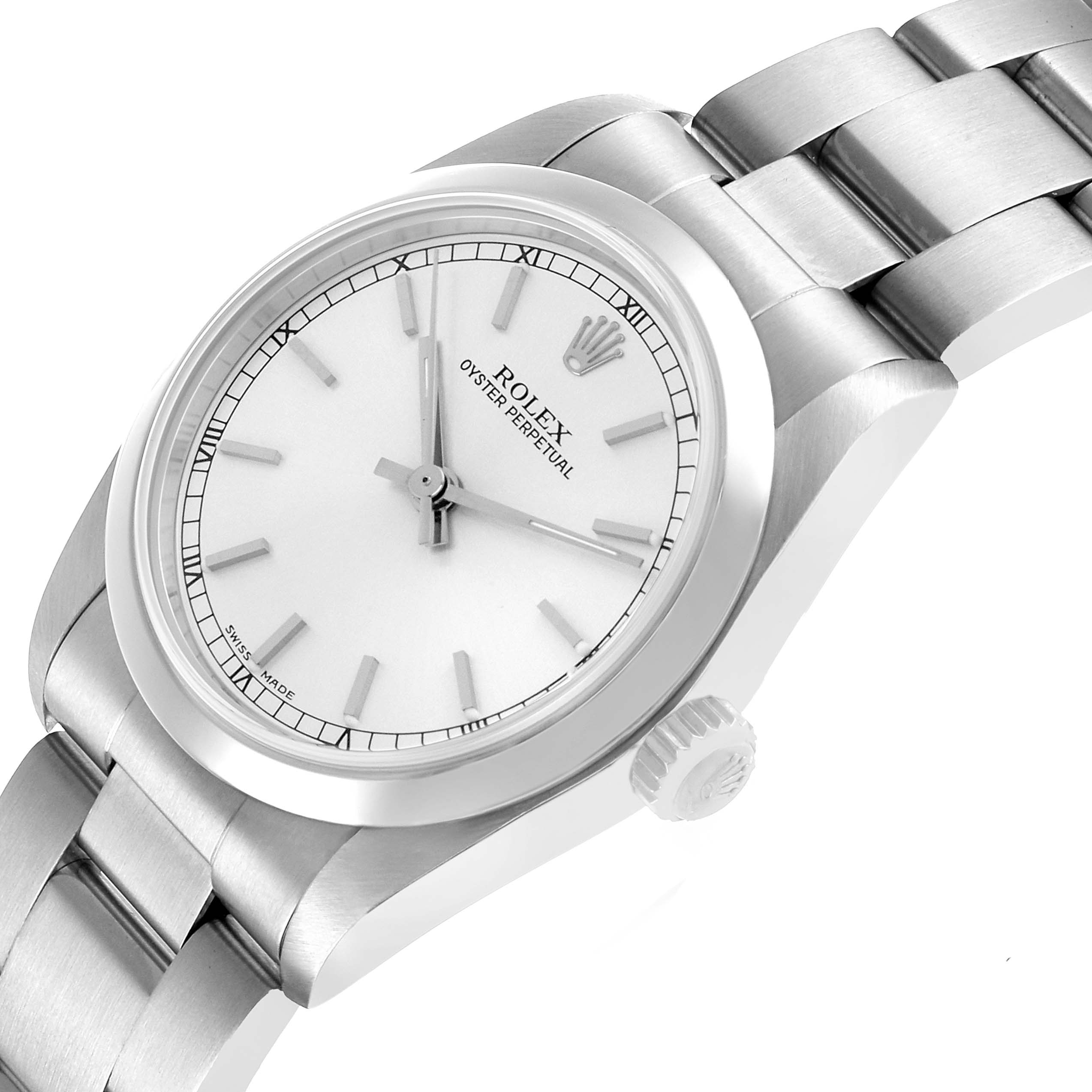 The Rolex Mid-Size 77080 Women's Stainless Steel Silver Dial model is shown at an oblique angle, highlighting its bezel, dial, crown, and bracelet.