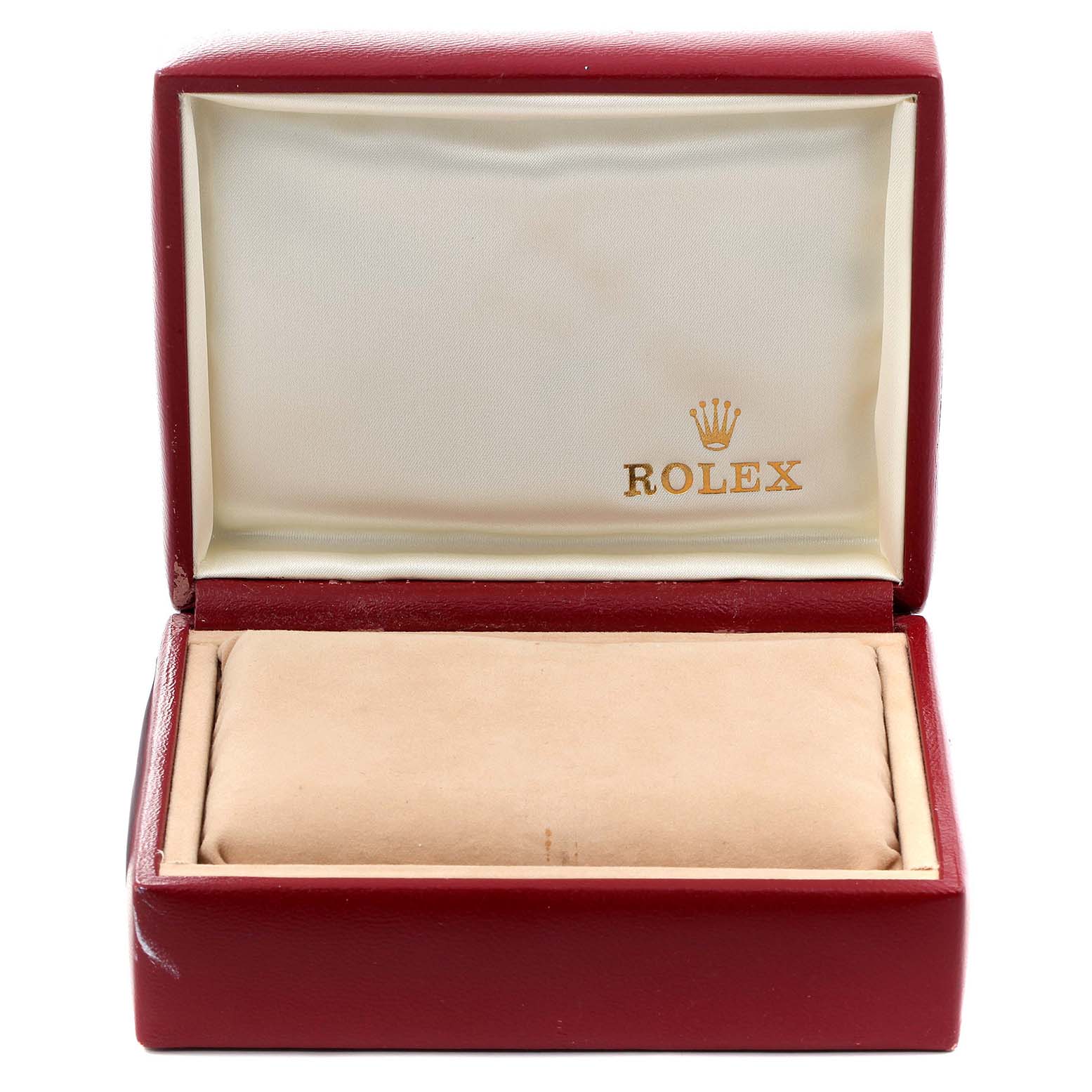 This is an open Rolex watch box for the Oyster Perpetual model, showing the interior with the logo.