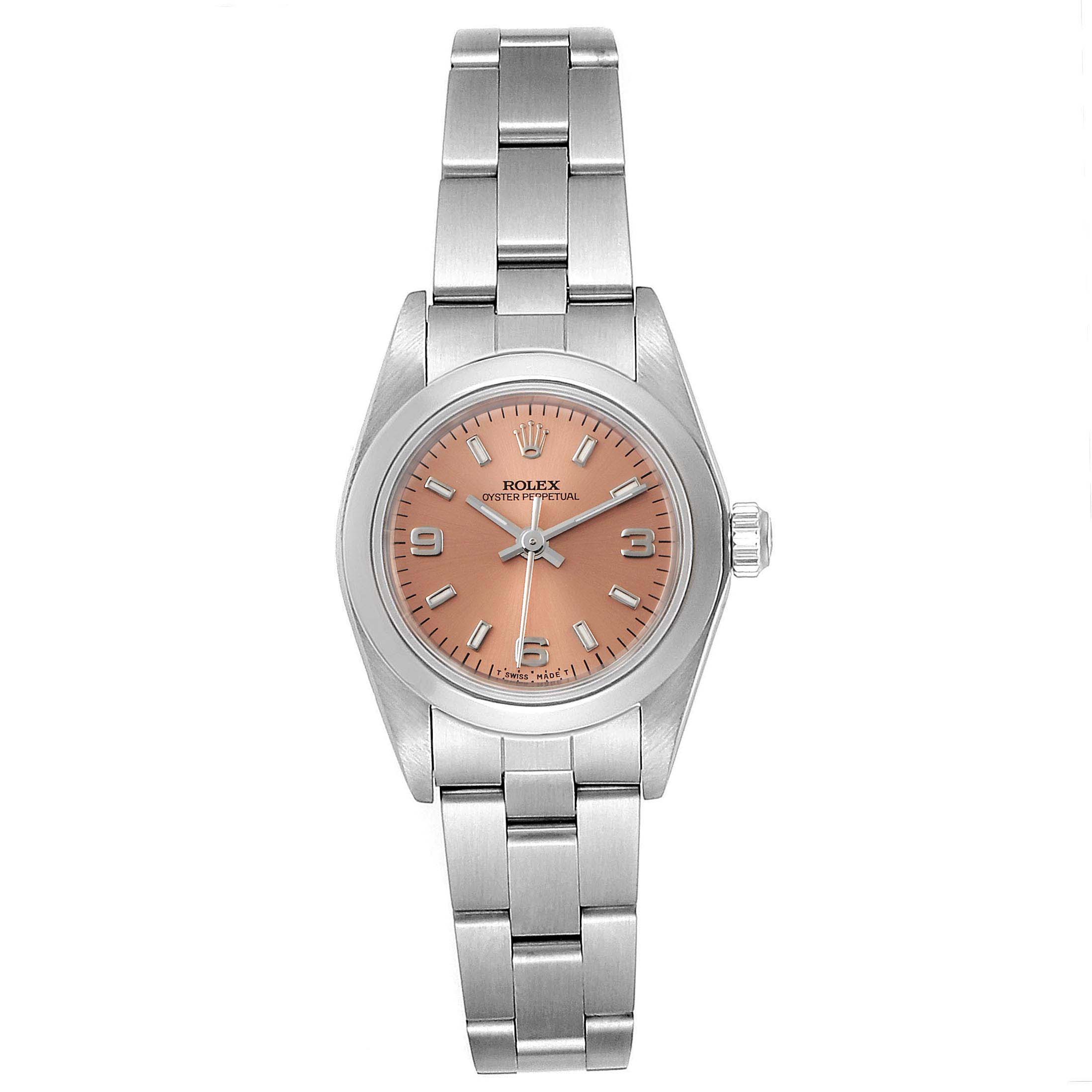 This image shows the front view of a Rolex Oyster Perpetual 67180 Women's Stainless Steel Pink Dial 67180 Women's Stainless Steel Pink Dial watch, highlighting its dial, case, and bracelet.