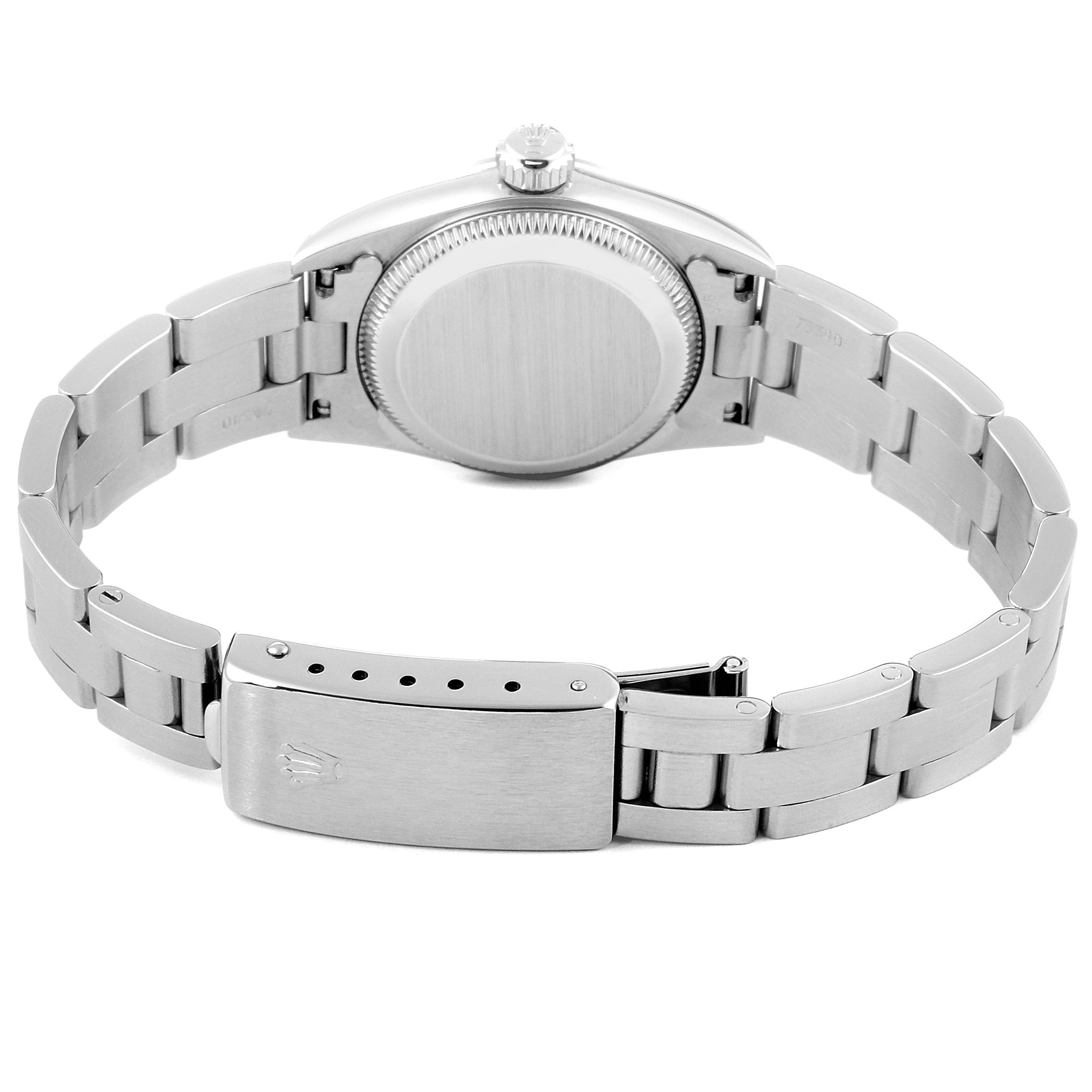 This image shows the back and bracelet clasp of a Rolex Oyster Perpetual 67180 Women's Stainless Steel Pink Dial 67180 Women's Stainless Steel Pink Dial watch.