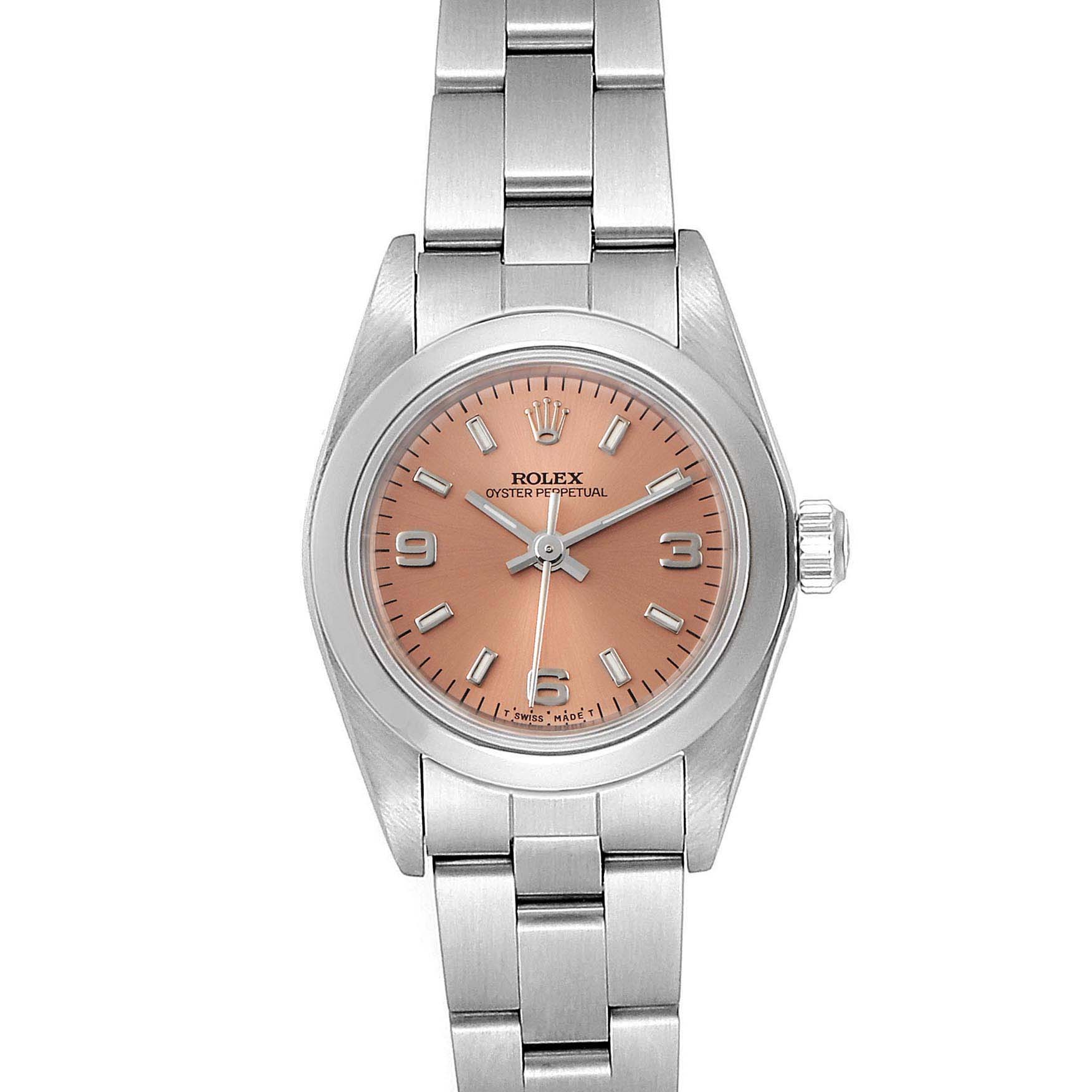 The image shows a Rolex Oyster Perpetual 67180 Women's Stainless Steel Pink Dial 67180 Women's Stainless Steel Pink Dial watch, viewed from the front, featuring a pink dial and a stainless steel bracelet.