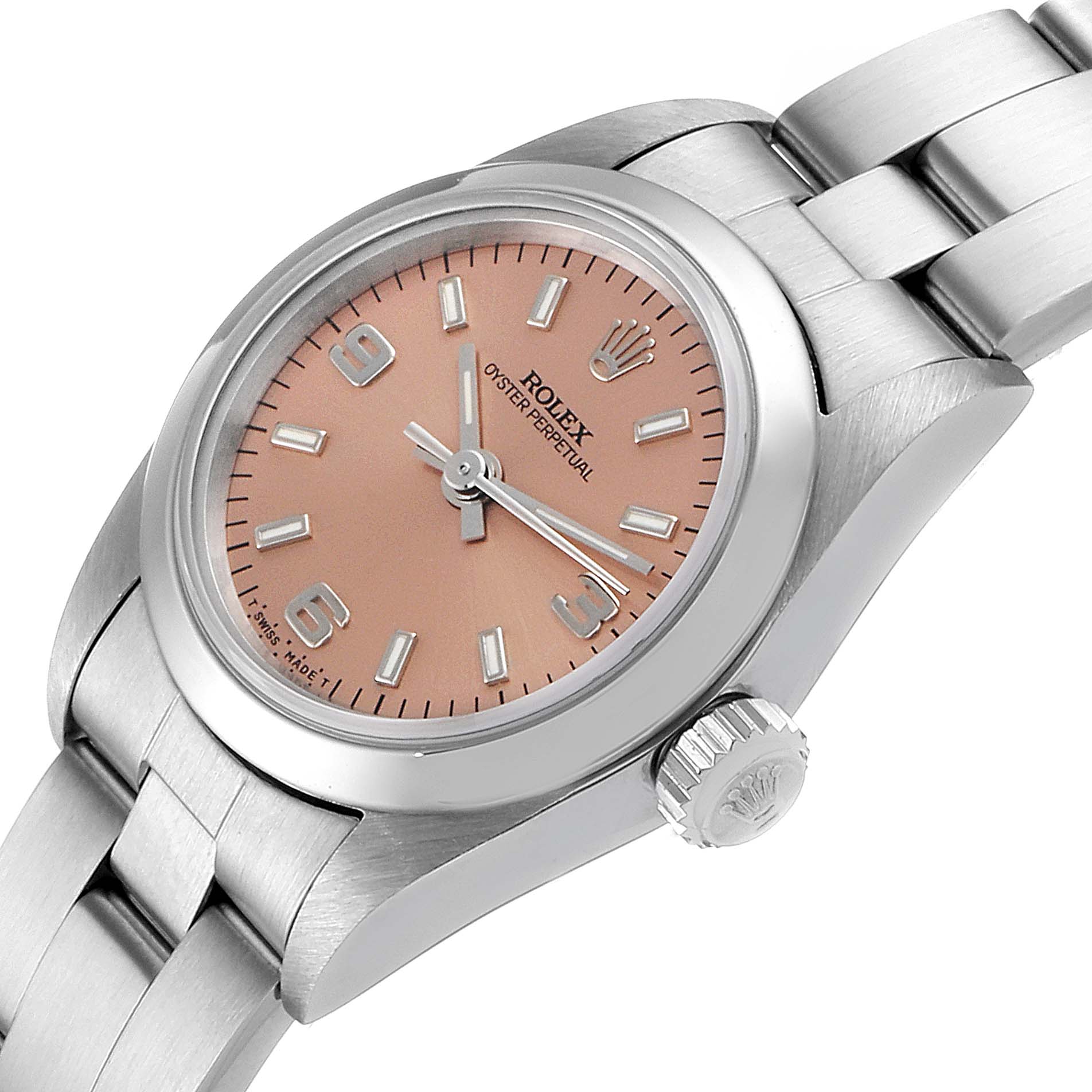 The image shows a close-up of the Rolex Oyster Perpetual 67180 Women's Stainless Steel Pink Dial 67180 Women's Stainless Steel Pink Dial watch at an angle highlighting the dial, bezel, crown, and part of the bracelet.